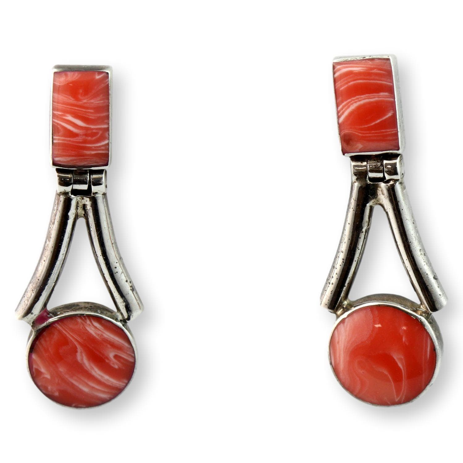 Mid-Century Pink Angel Skin Coral & Fine Silver Drop Earrings - 1.5 in - Image 1