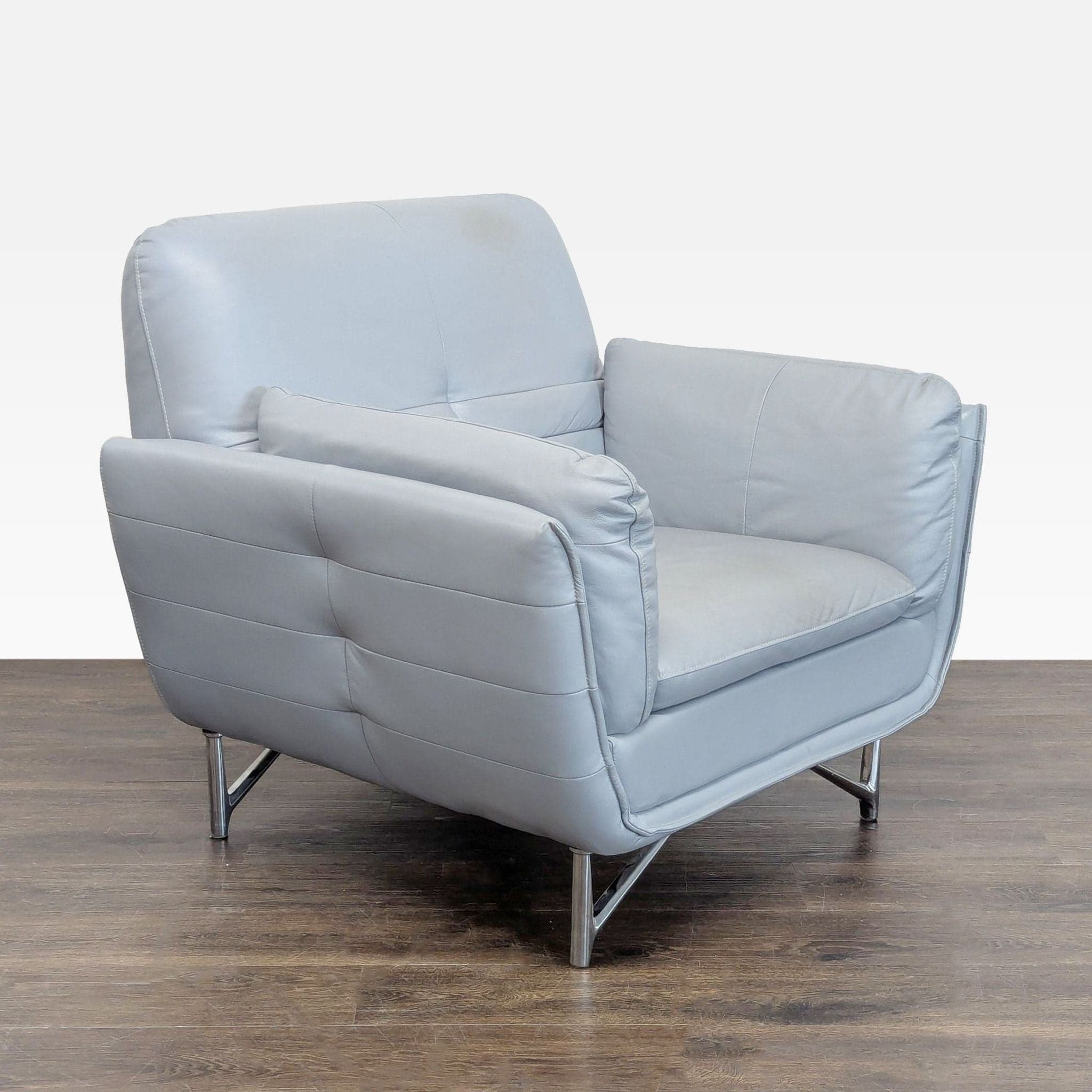 Modern Light Gray Leather Lounge Chair with Metal Base - Thumbnail 2