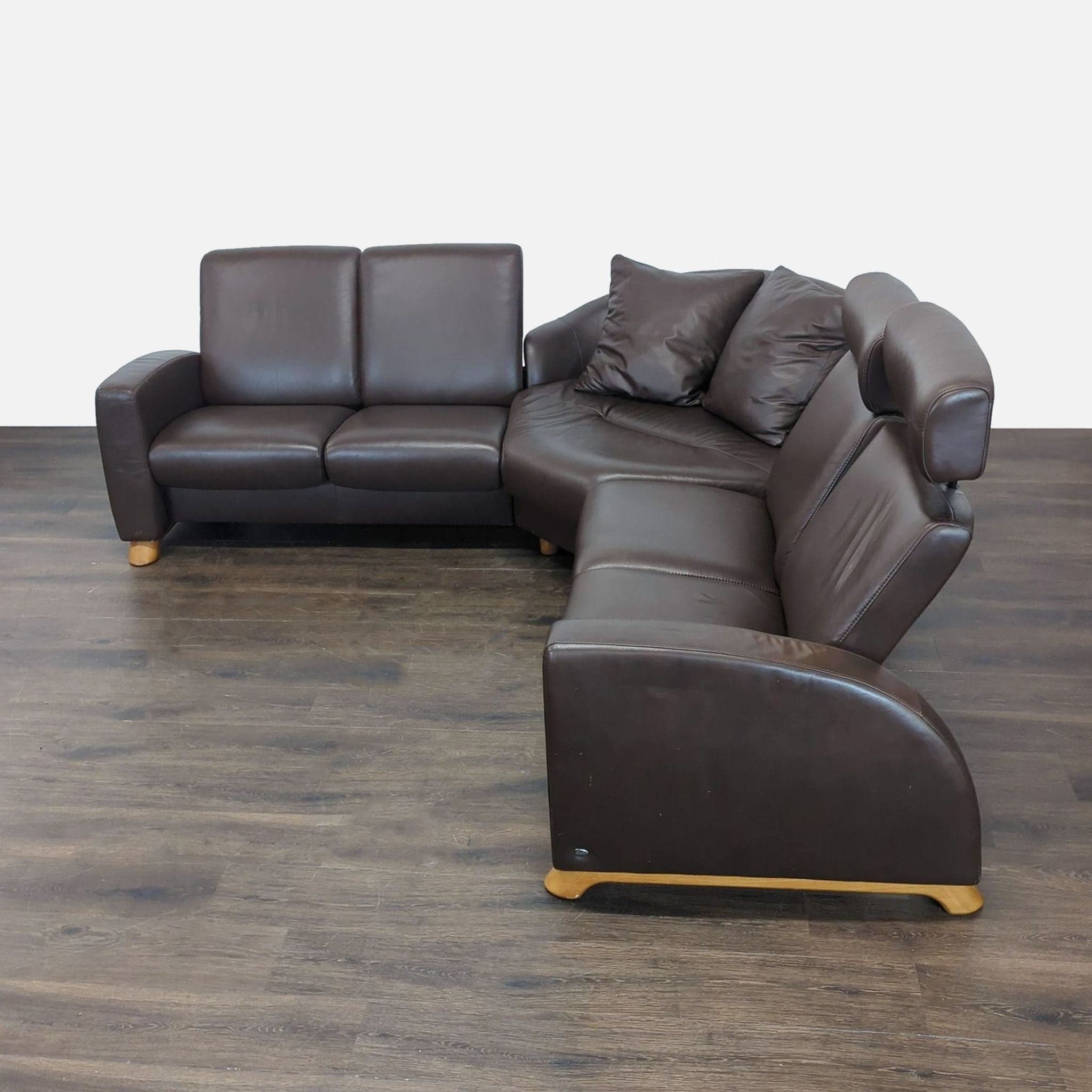Stressless Brown Leather Sectional Sofa with Wood Legs - Image 1