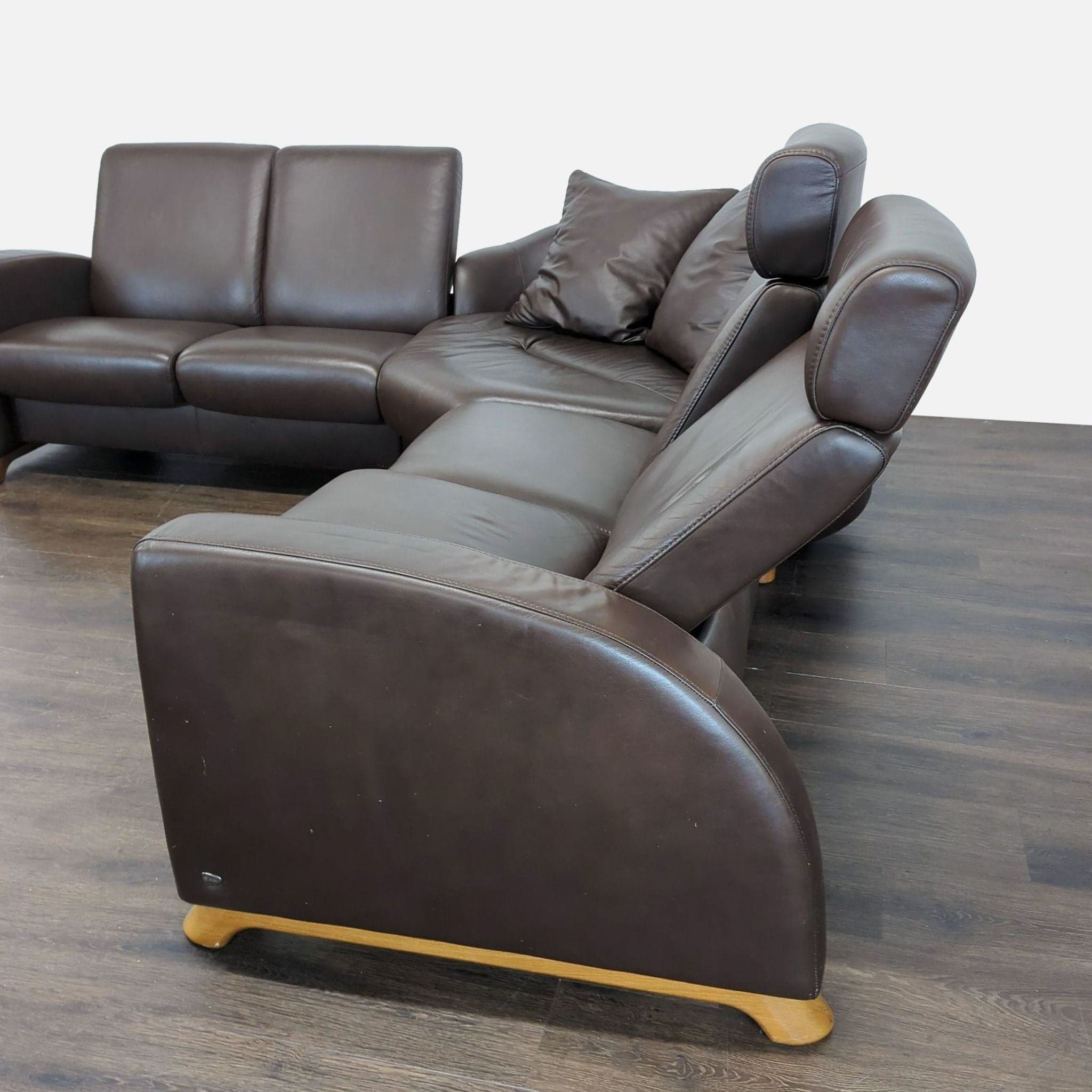 Stressless Brown Leather Sectional Sofa with Wood Legs - Thumbnail 2