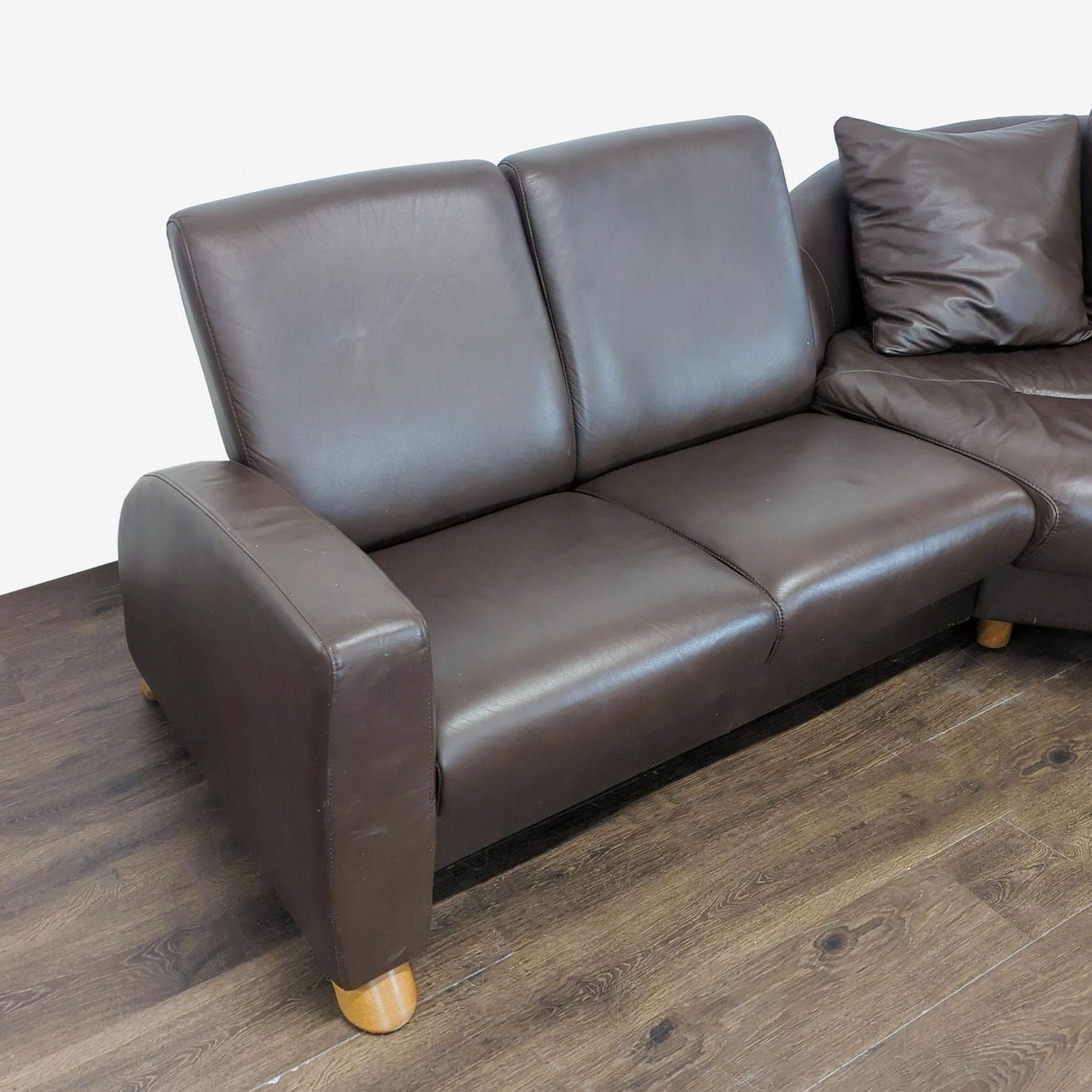 Stressless Brown Leather Sectional Sofa with Wood Legs - Thumbnail 6