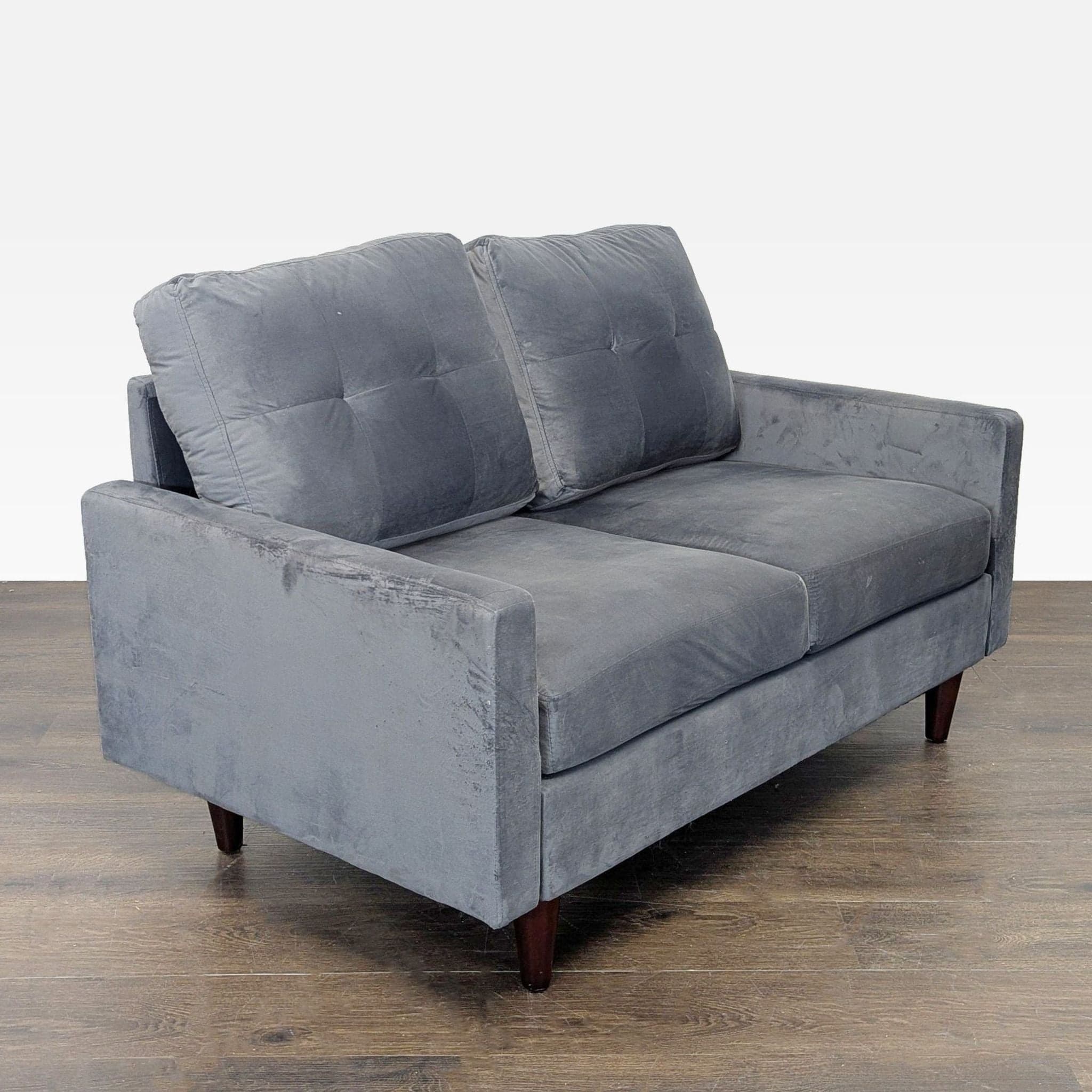 Modern Gray Velvet Loveseat with Wooden Legs - Thumbnail 2