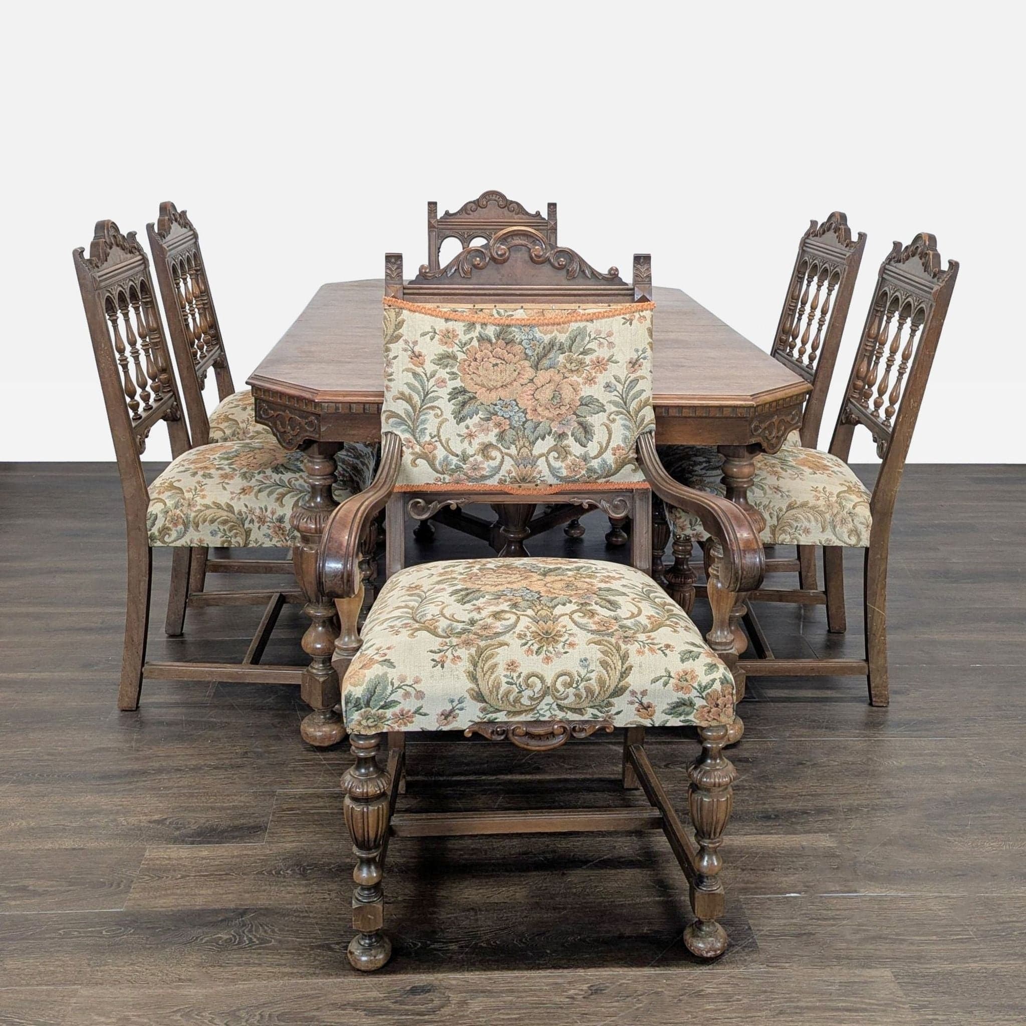 Antique Carved Wood Dining Set with 6 Upholstered Chairs and Rectangular Table - Image 1