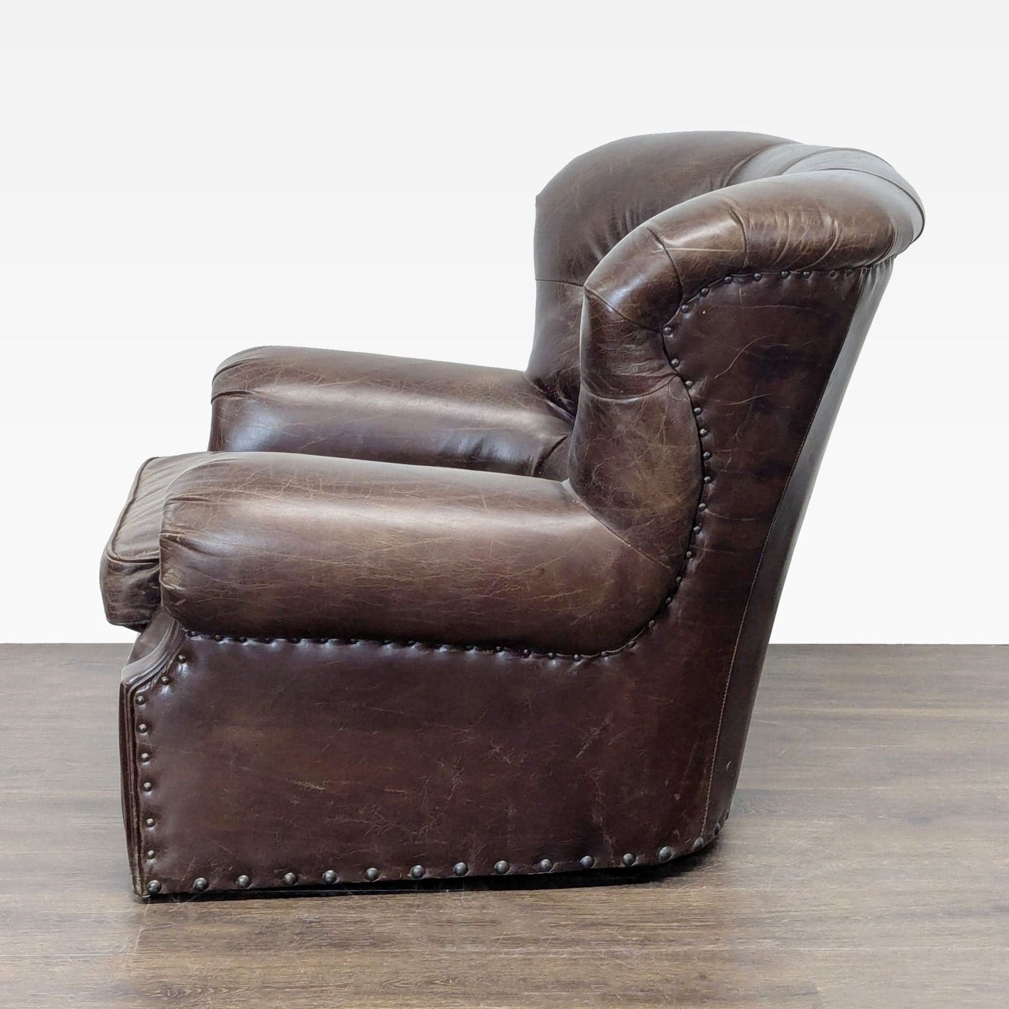 Restoration Hardware Churchill Brown Leather Lounge Chair with Rolled Arms - Thumbnail 6