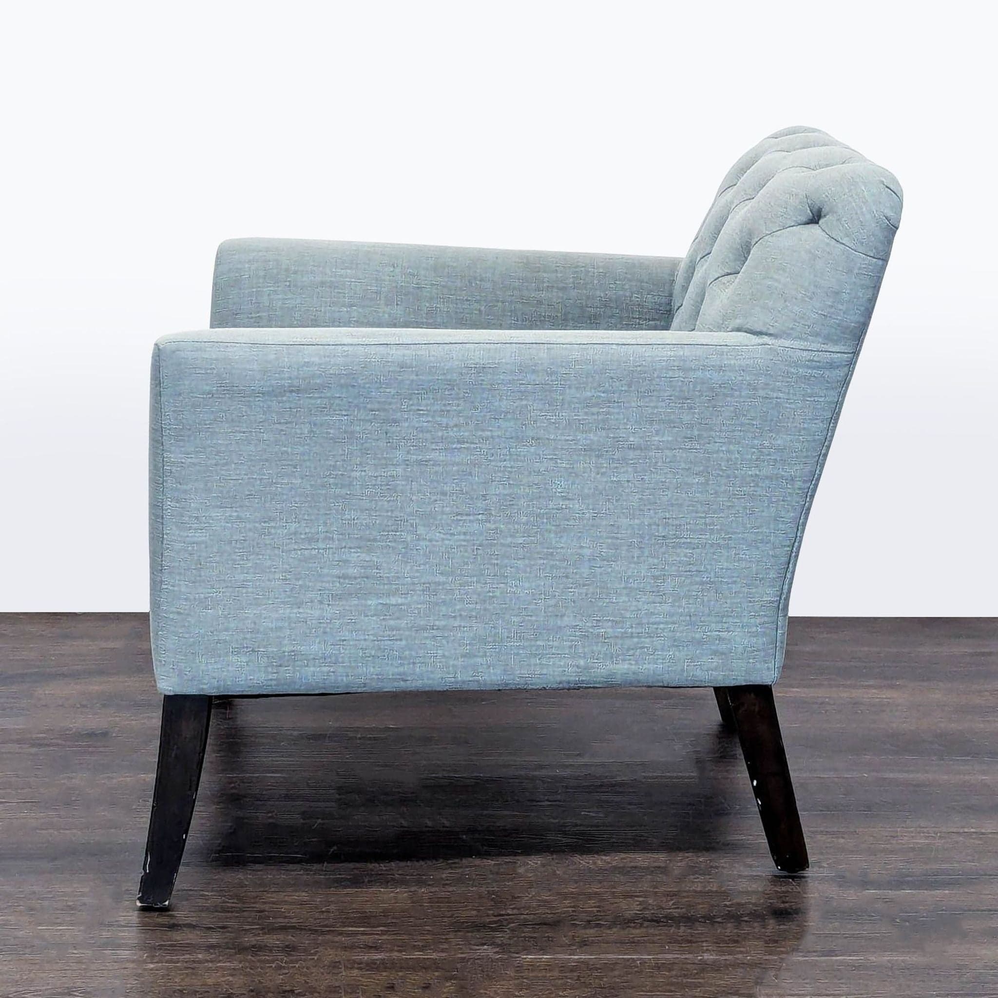 West Elm Elton Tufted Light Blue Lounge Chair with Dark Wood Legs - Thumbnail 5