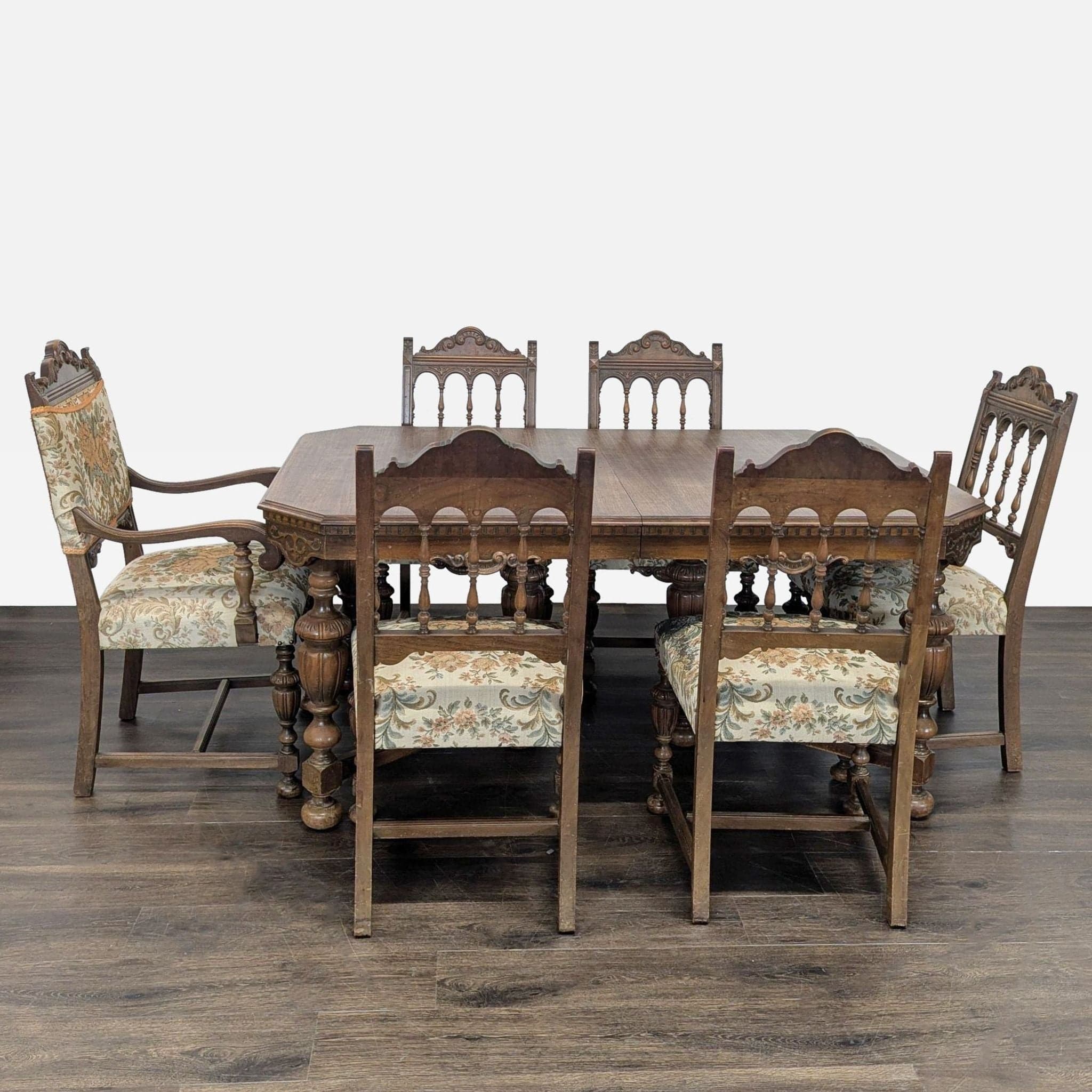 Antique Carved Wood Dining Set with 6 Upholstered Chairs and Rectangular Table - Thumbnail 10