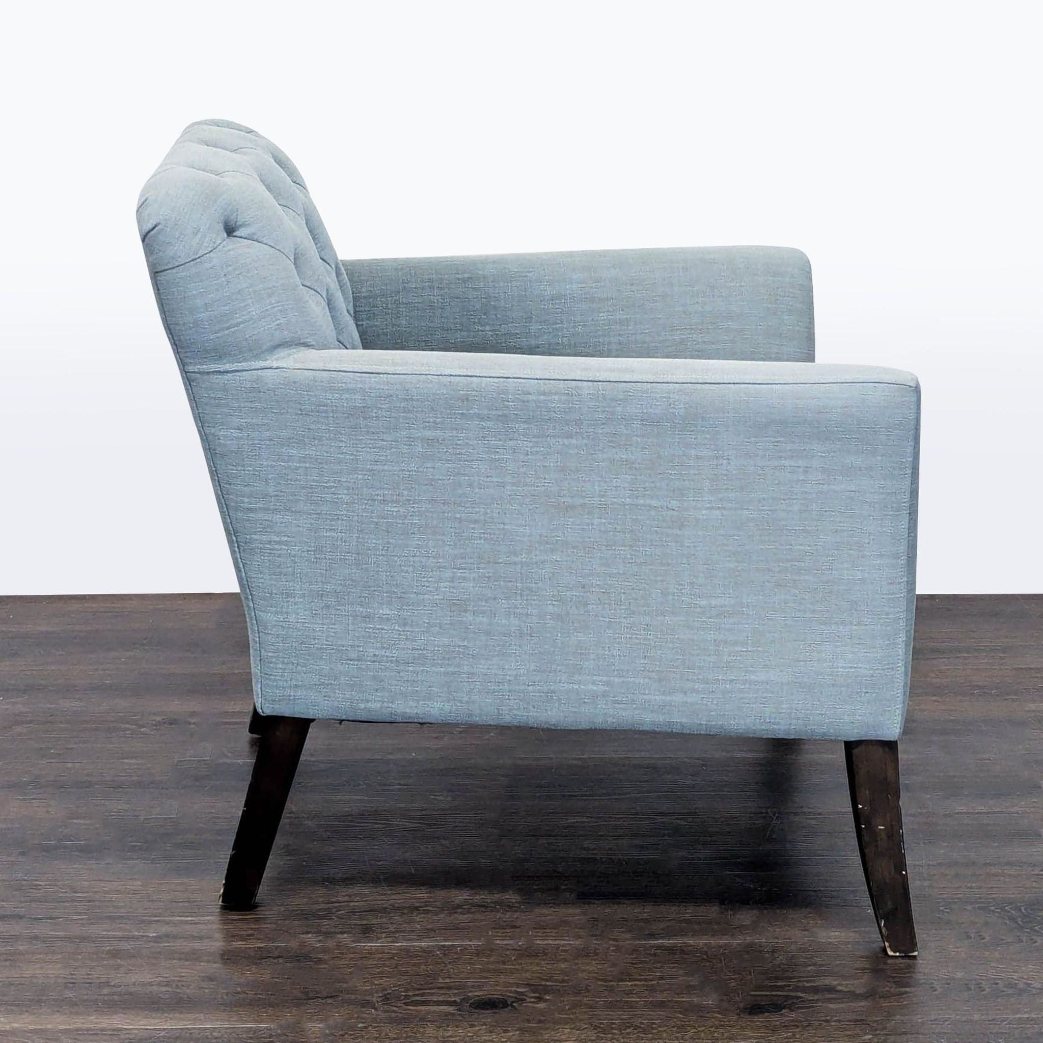 West Elm Elton Tufted Light Blue Lounge Chair with Dark Wood Legs - Thumbnail 3