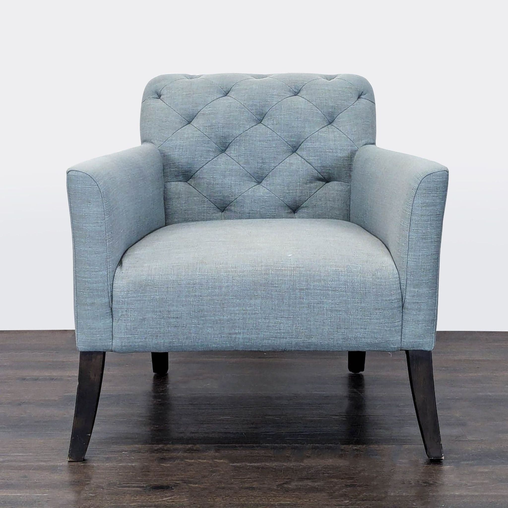 West Elm Elton Tufted Light Blue Lounge Chair with Dark Wood Legs - Image 1