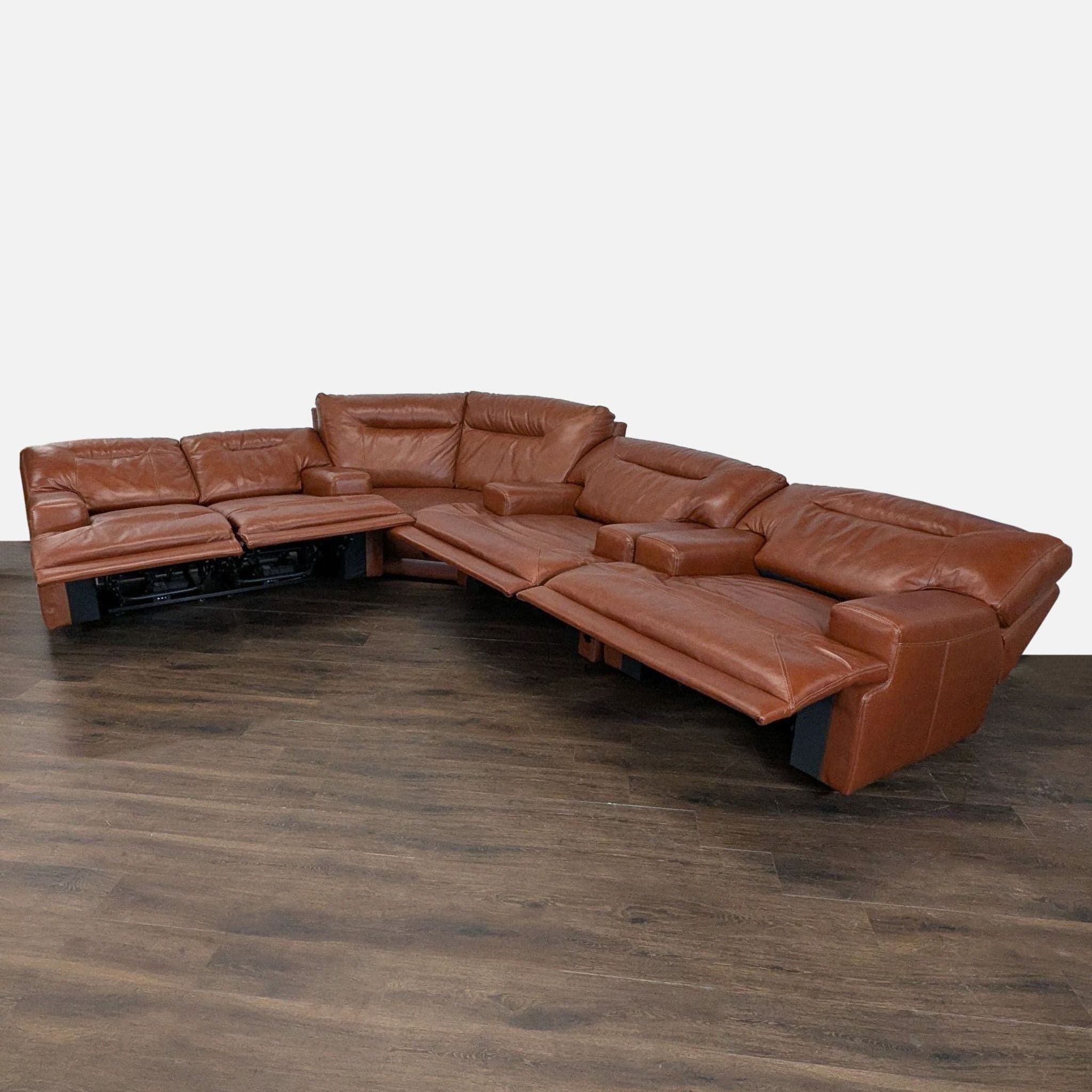 Brown Leather Power Reclining Sectional Sofa with Built-In Armrests - Thumbnail 2