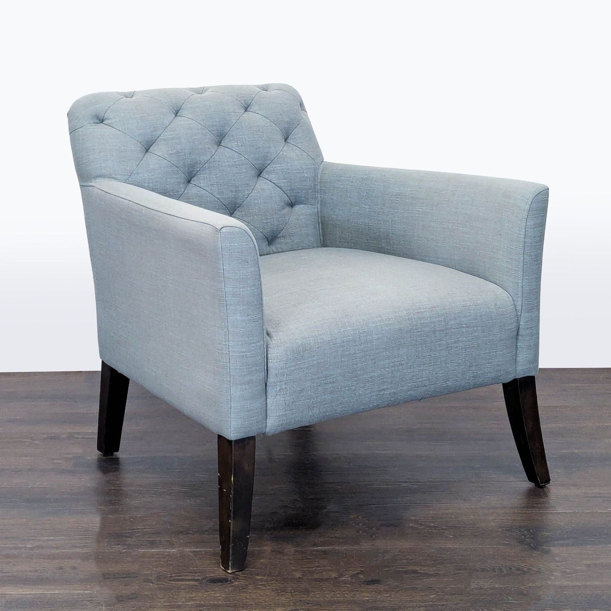 West Elm Elton Tufted Light Blue Lounge Chair with Dark Wood Legs - Thumbnail 2