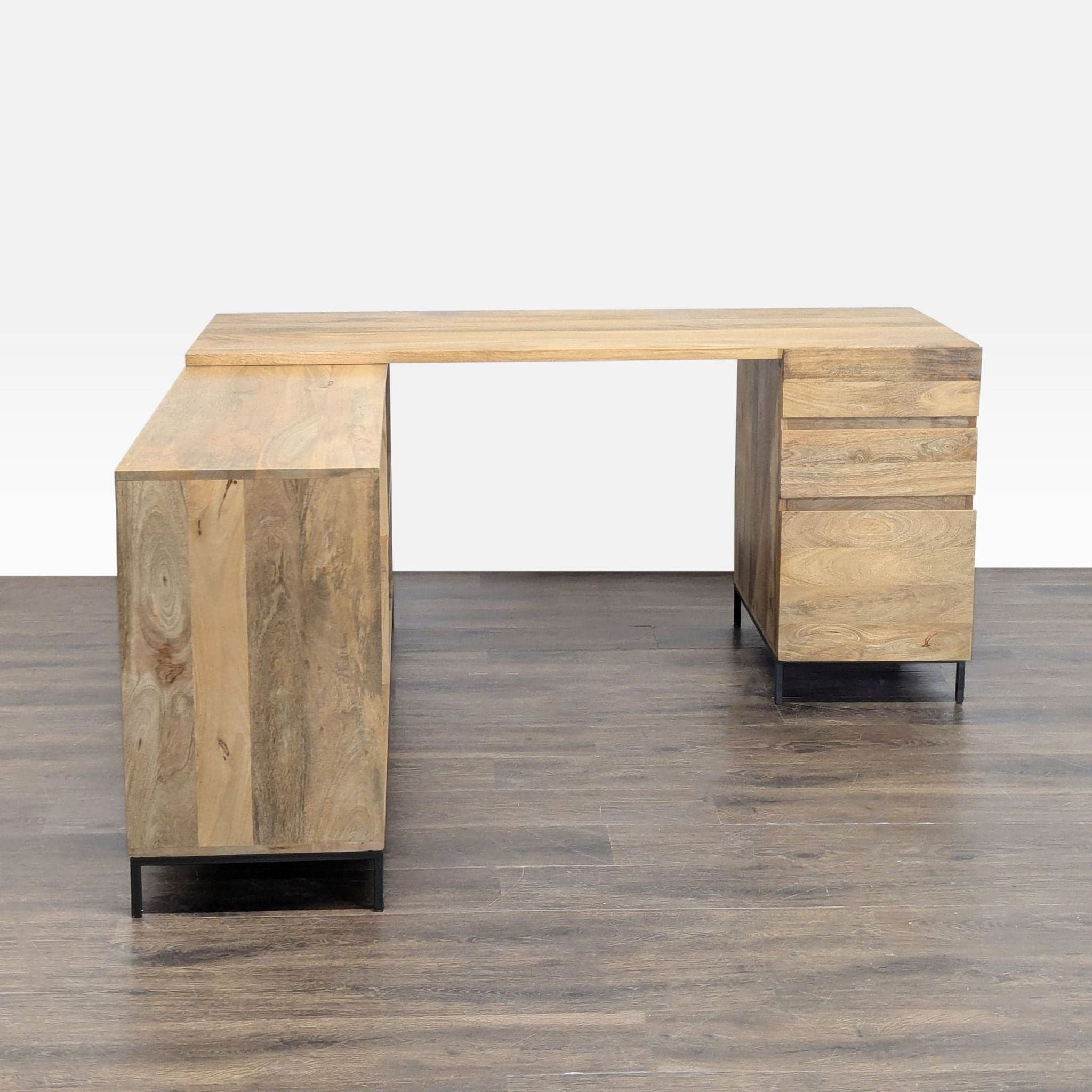 West Elm L-Shaped Desk with Drawers and Open Shelves - Natural Wood Finish - Thumbnail 2