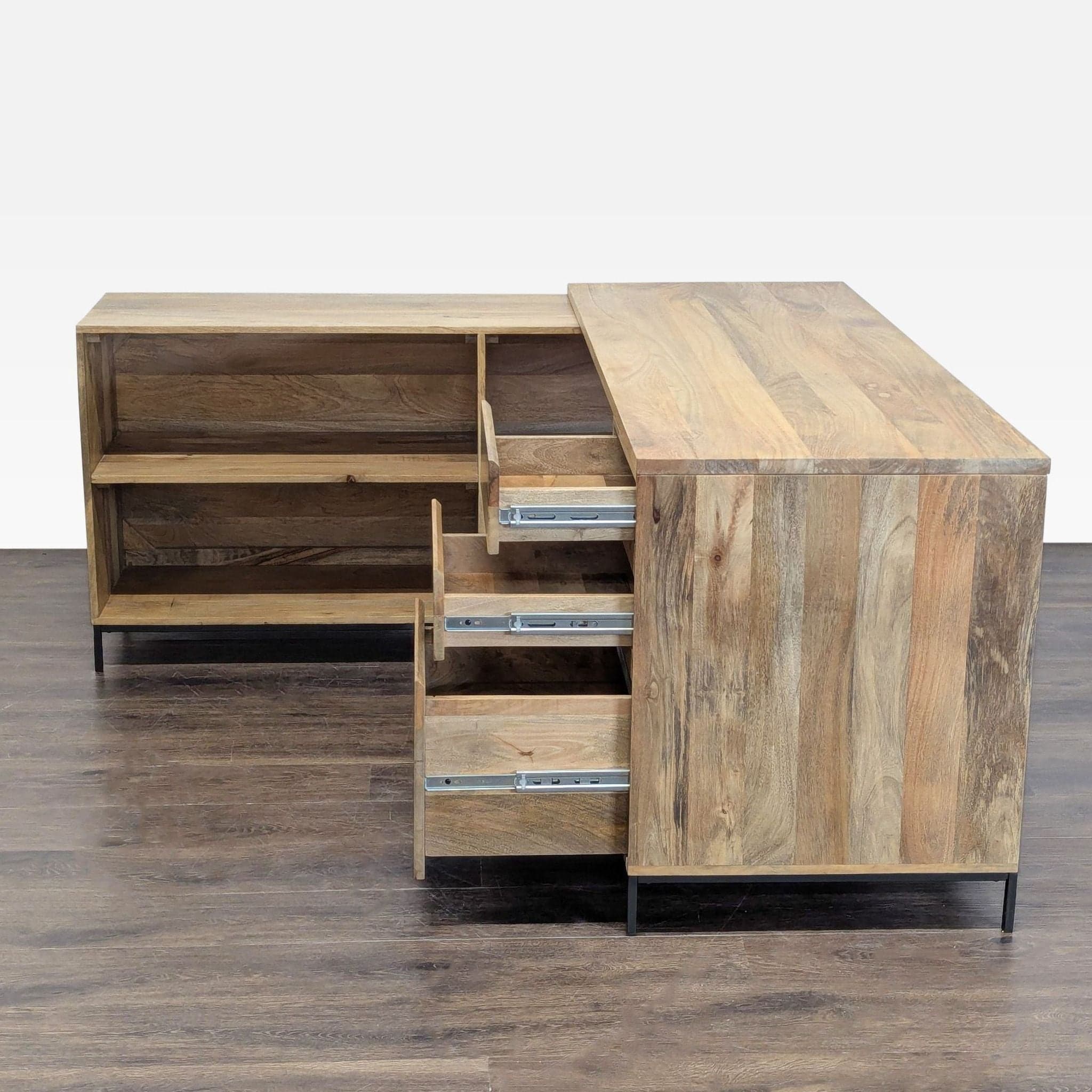 West Elm L-Shaped Desk with Drawers and Open Shelves - Natural Wood Finish - Thumbnail 7