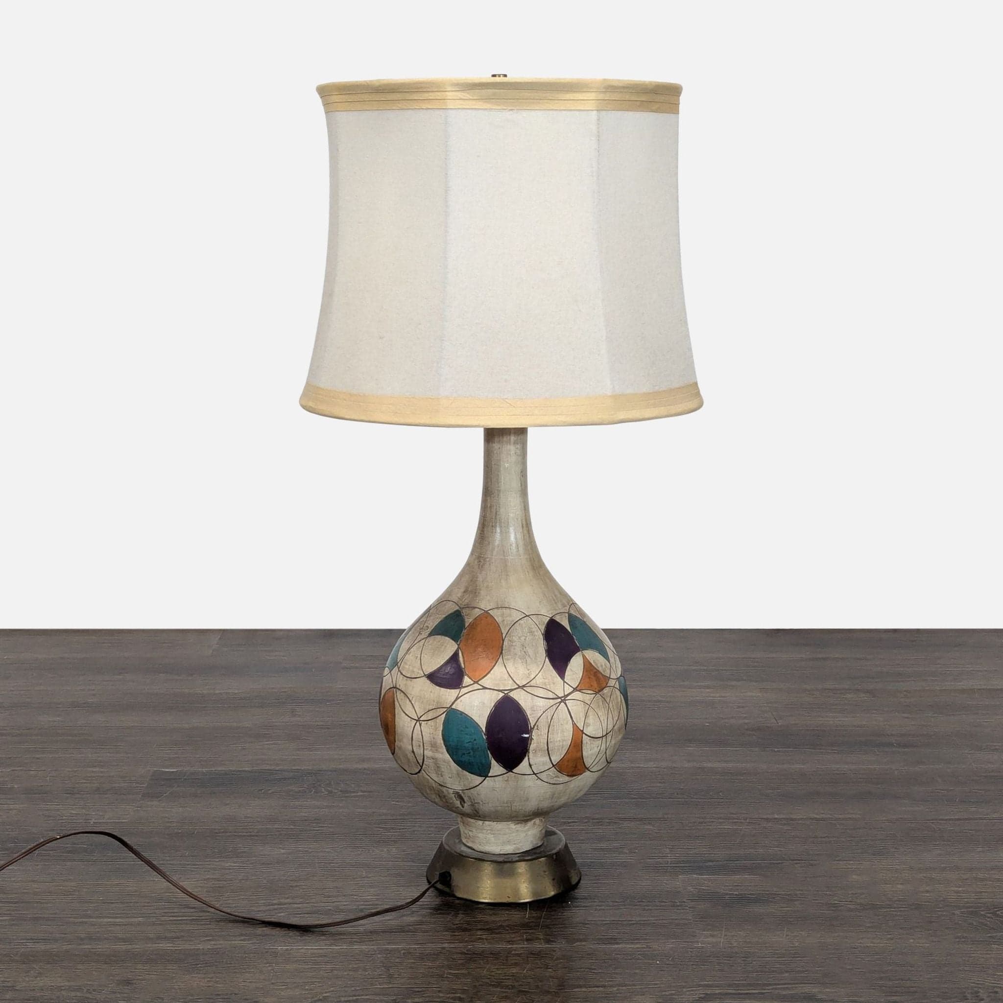 Vintage Table Lamp with Colorful Geometric Base and Cream Shade - Image 1