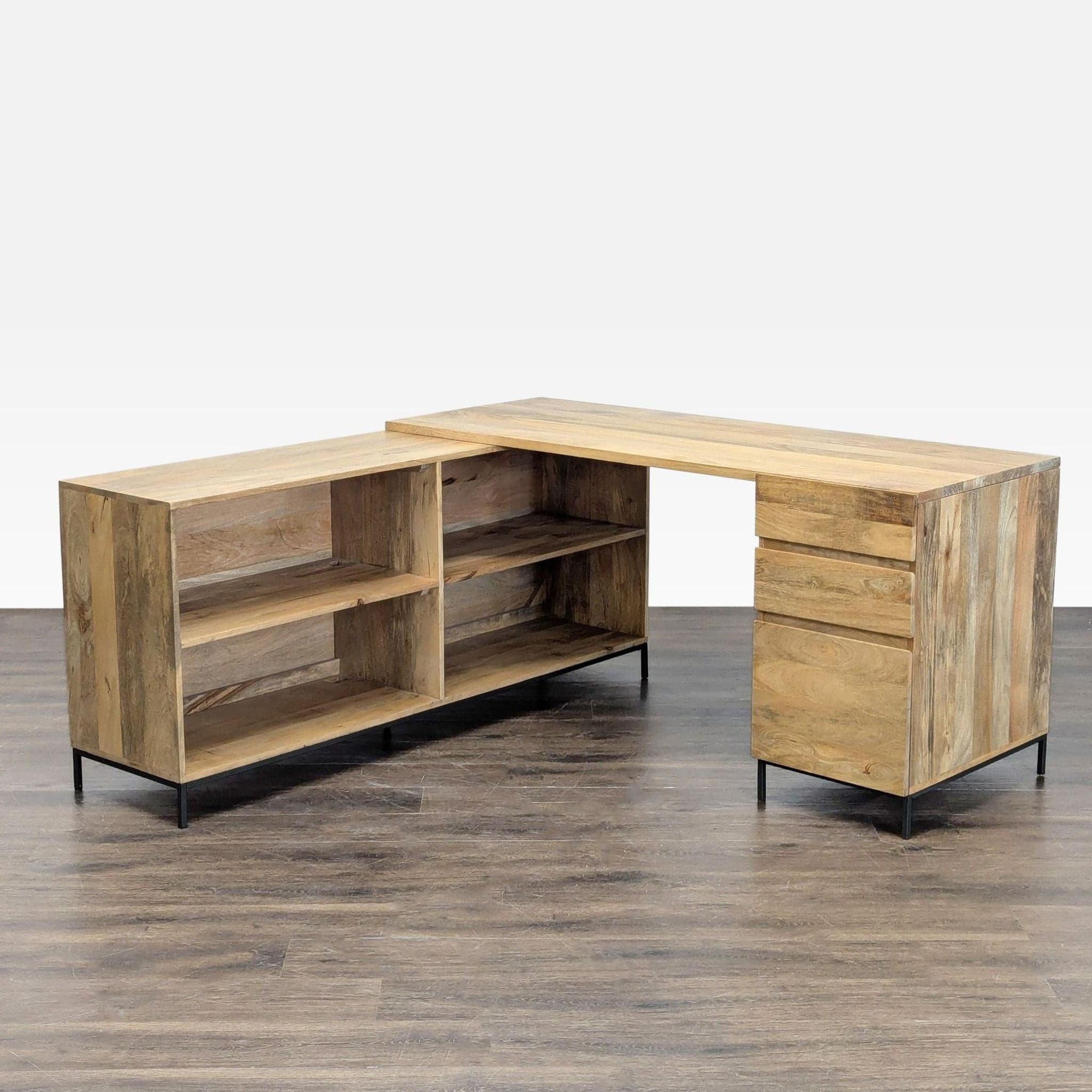 West Elm L-Shaped Desk with Drawers and Open Shelves - Natural Wood Finish - Image 1
