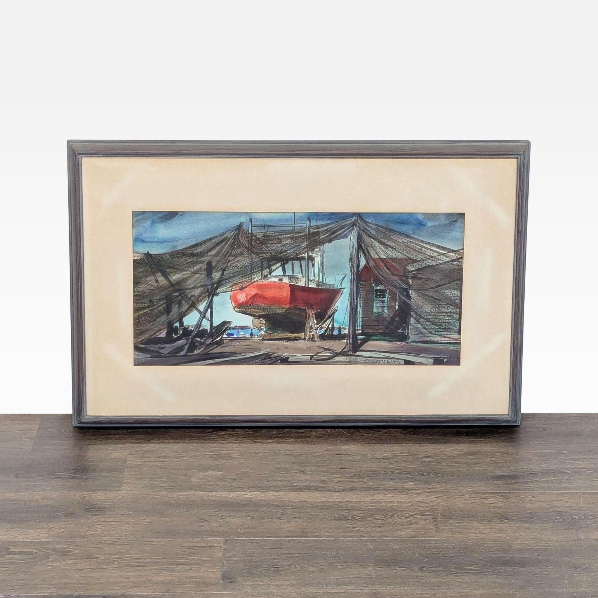 1960 Framed Richard V. Ellery Boatyard Watercolor Painting Titled “Jolly Roger - Image 1
