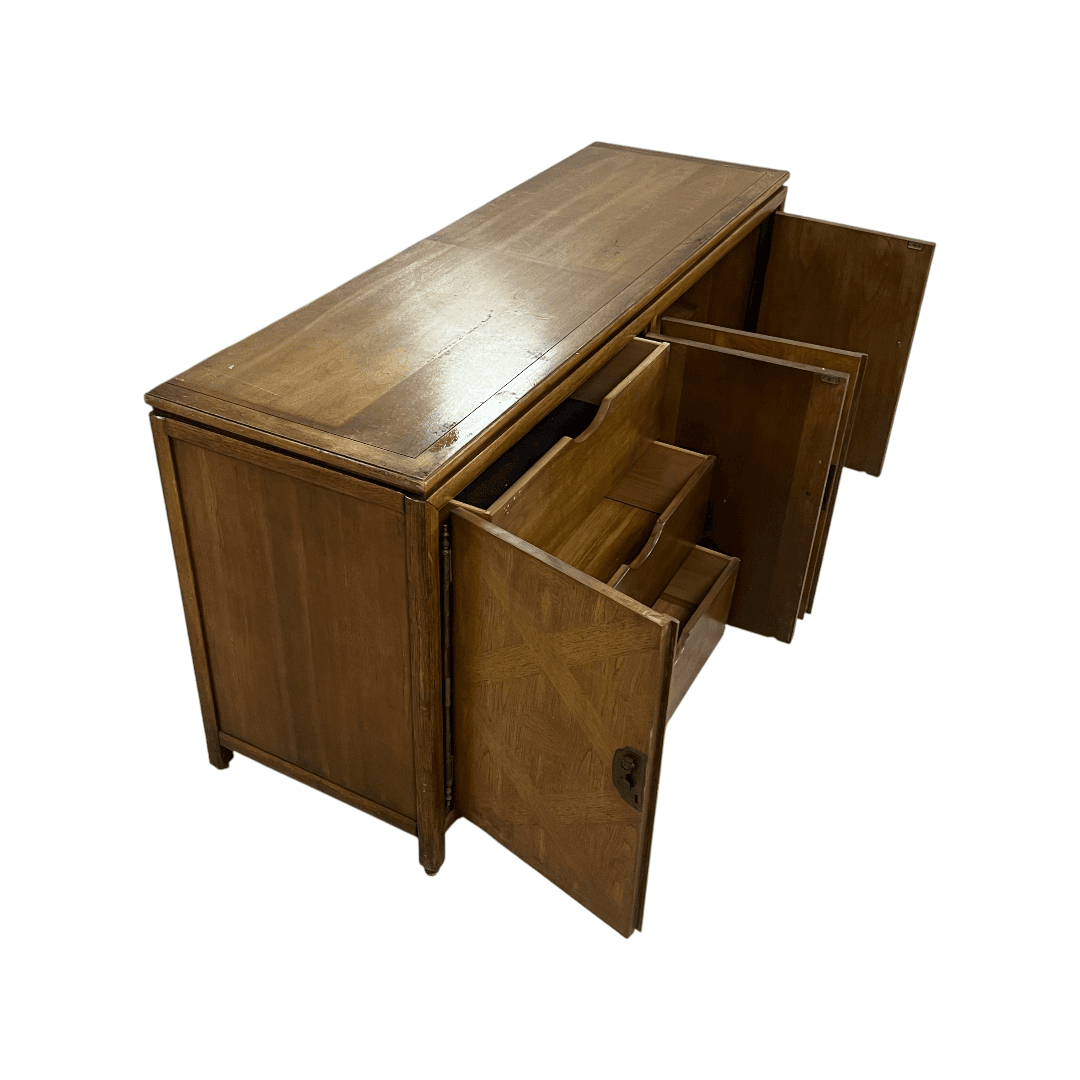 Diamond Parquet Pecan Wood Hollywood Regency Credenza - Thumbnail 16