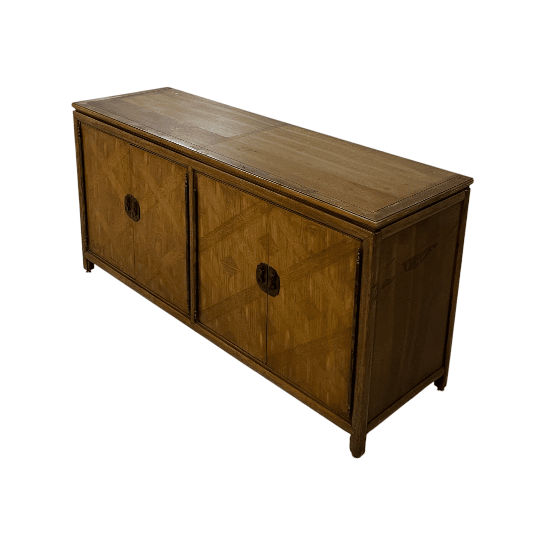 Diamond Parquet Pecan Wood Hollywood Regency Credenza - Thumbnail 8