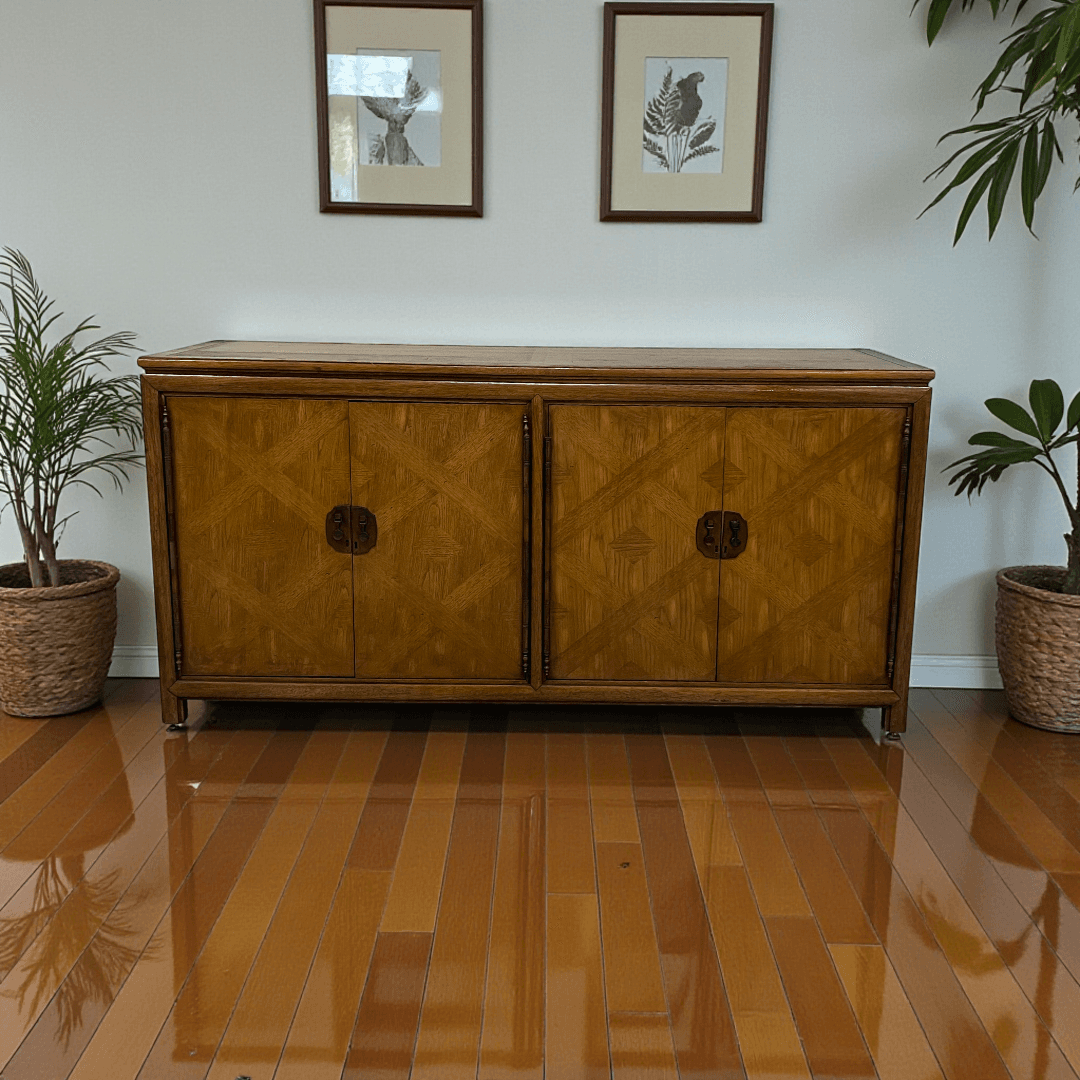 Diamond Parquet Pecan Wood Hollywood Regency Credenza - Image 1