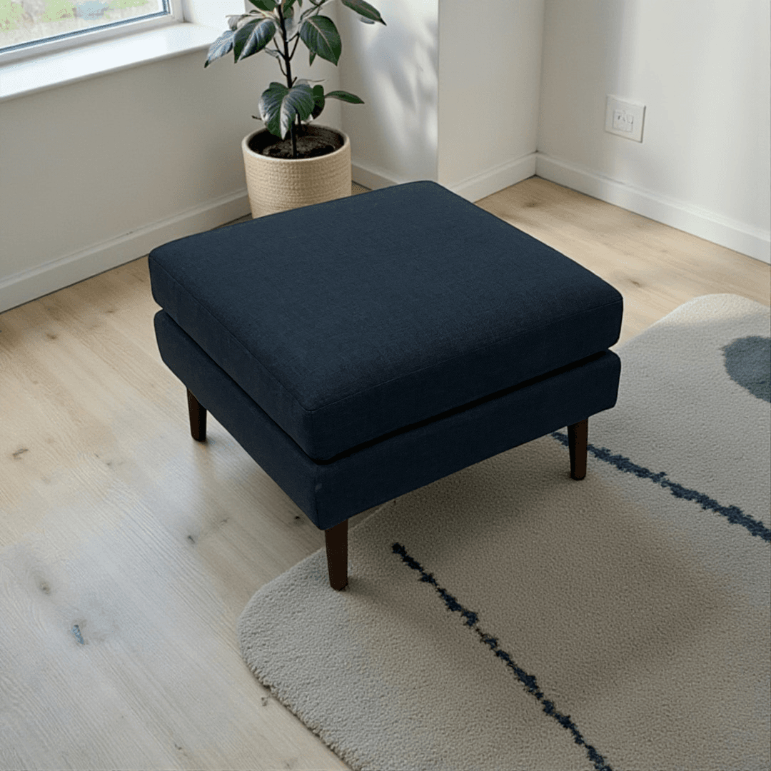 Burrow Nomad Ottoman - Navy Blue with Walnut Wood Leg Finish - Image 1