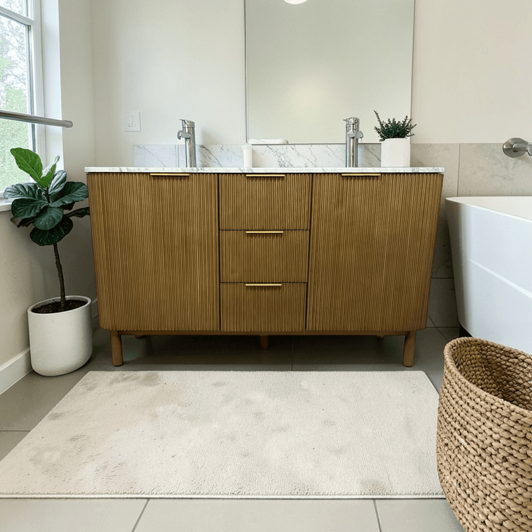Highbury Furnishings Havana Single Bathroom Vanity in Reeded Birch Carrara Marble Countertop - Image 1