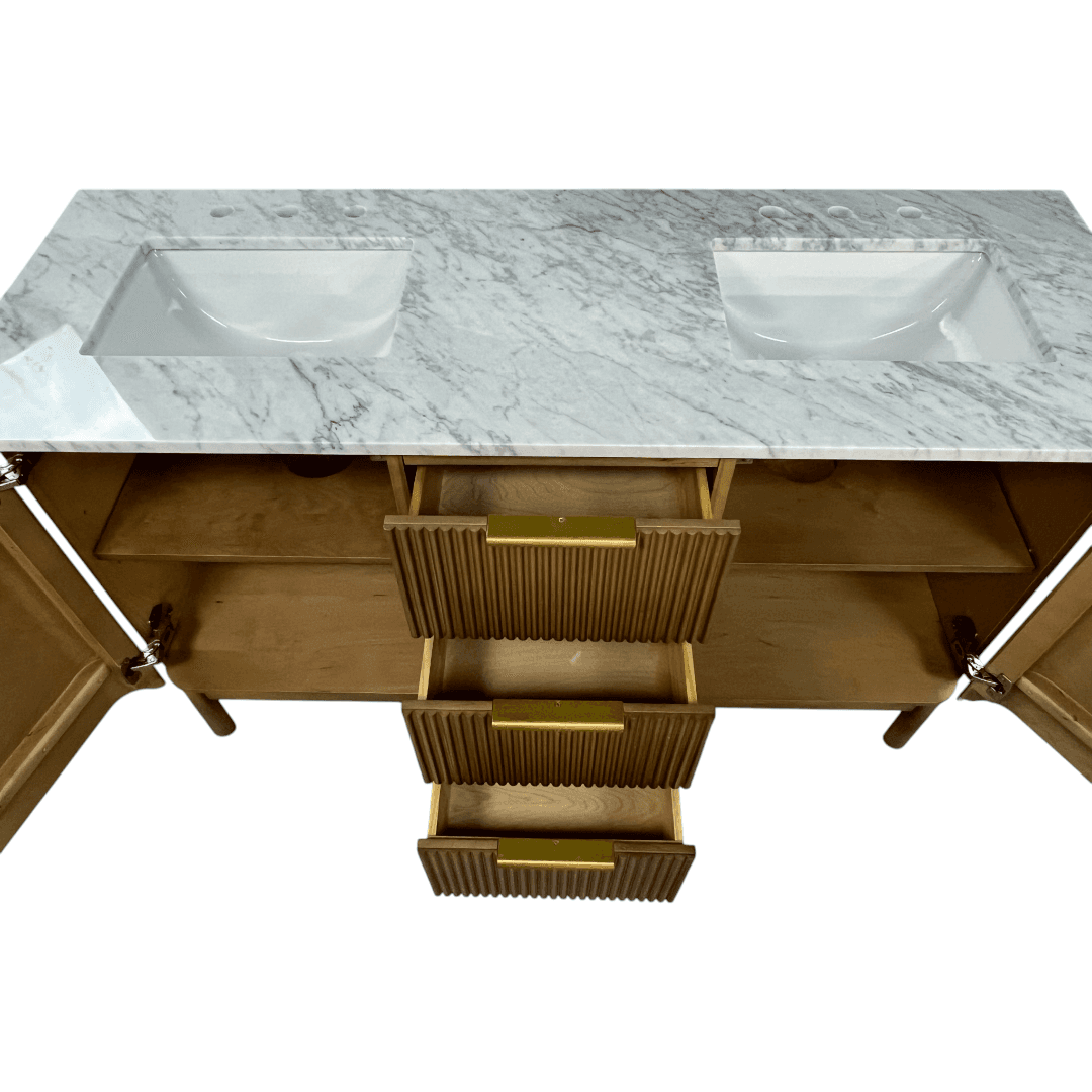 Highbury Furnishings Havana Single Bathroom Vanity in Reeded Birch Carrara Marble Countertop - Thumbnail 14