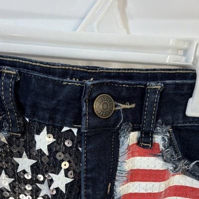 Justice Girls Cut-Off Denim Shorts 12 Sequined Stars & Stripes Frayed Hem - Thumbnail 3