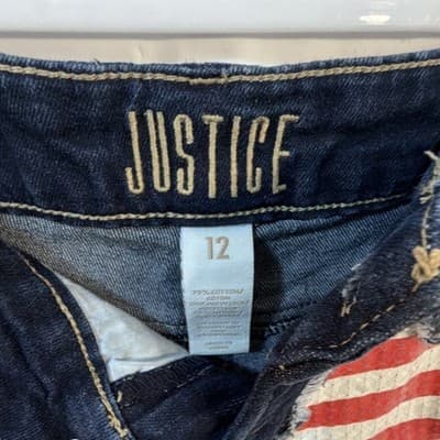 Justice Girls Cut-Off Denim Shorts 12 Sequined Stars & Stripes Frayed Hem - Thumbnail 4