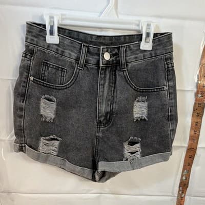 SHEIN Distressed Cut Off Denim Shorts Gray Regular Fit Button Cuffed 5-Pocket XS - Image 1