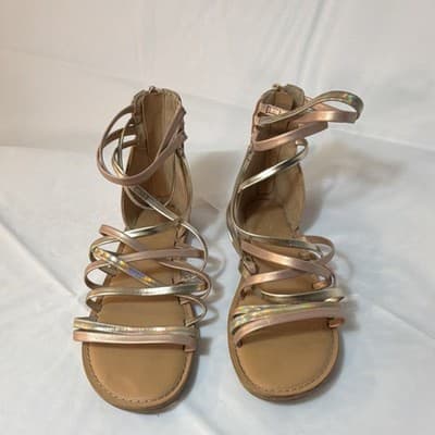 Cat & Jack Girls Pink Gold Metallic Strappy Zip Flat Sandals US Size 3