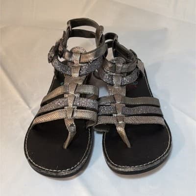 Naughty Monkey Metallic Strappy Flat Sandals Silver Black Women's Buckle - Image 1