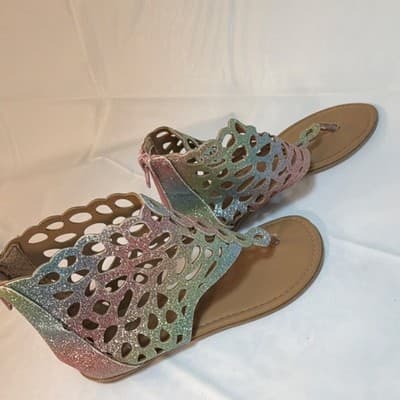 Multicolor Glitter Strappy Flat Sandals Zip Ankle Strap Women's Casual Summer - Thumbnail 2