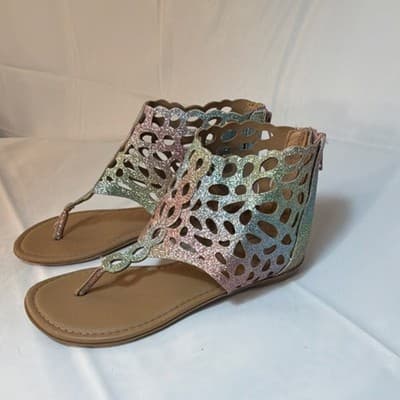 Multicolor Glitter Strappy Flat Sandals Zip Ankle Strap Women's Casual Summer - Thumbnail 4