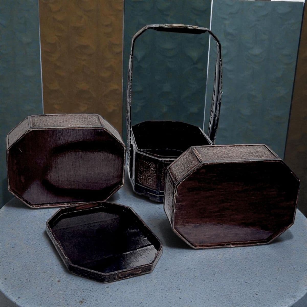 1950's 3 Tiered Octagonal Brass Handled Chinese Wedding Basket - Thumbnail 7