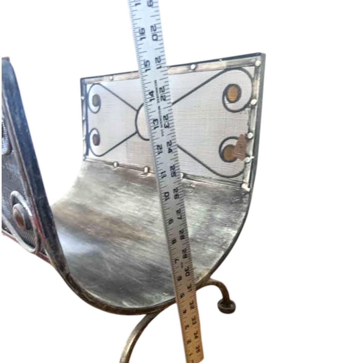 Art Deco Style Silver Toned Metal Mesh Firewood Holder Scrolling Metal Amber Glass Medallions - Thumbnail 8