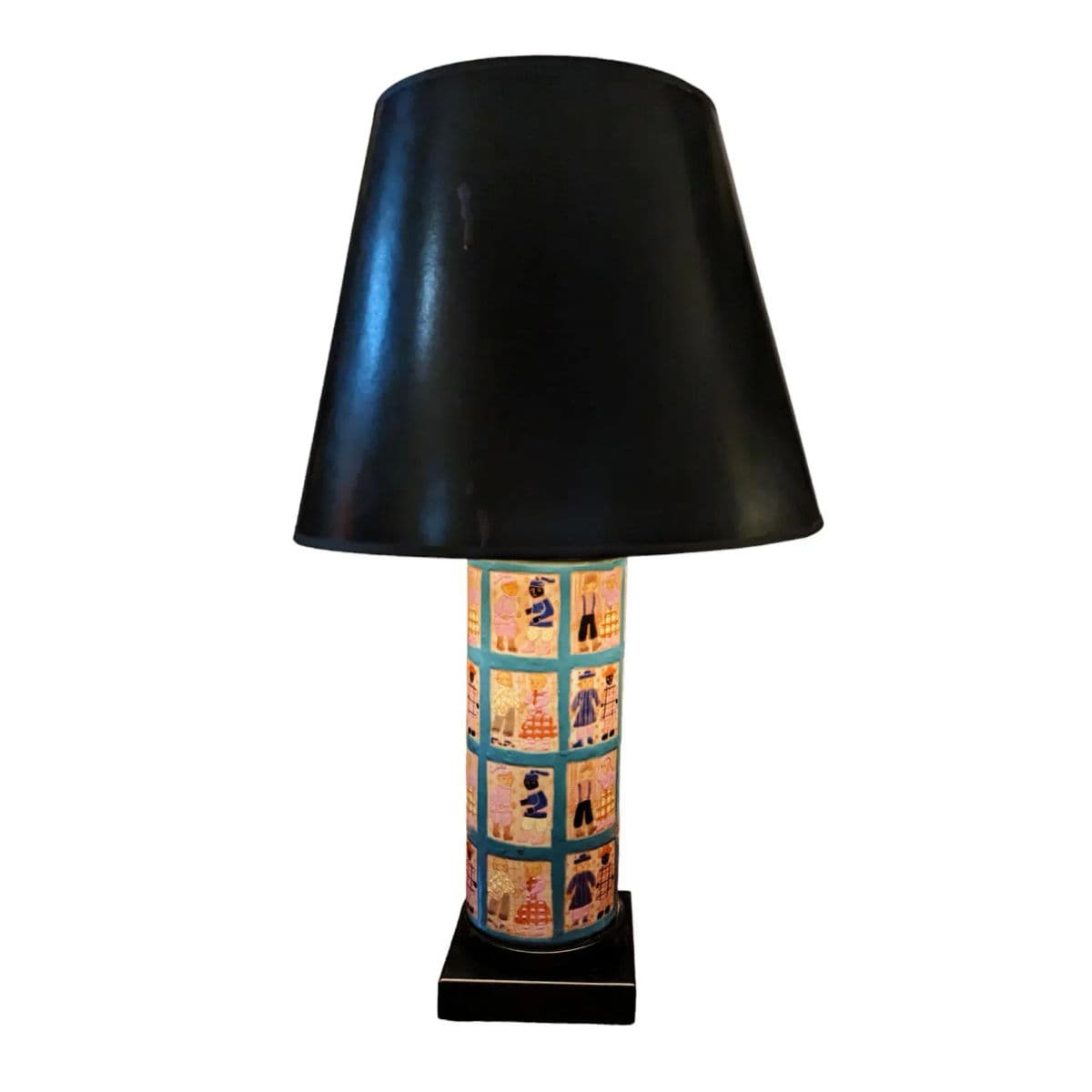 1960s Hand Painted Folk Art Quilt Inspired Table Lamp Unsigned With Edward Shade - Thumbnail 3