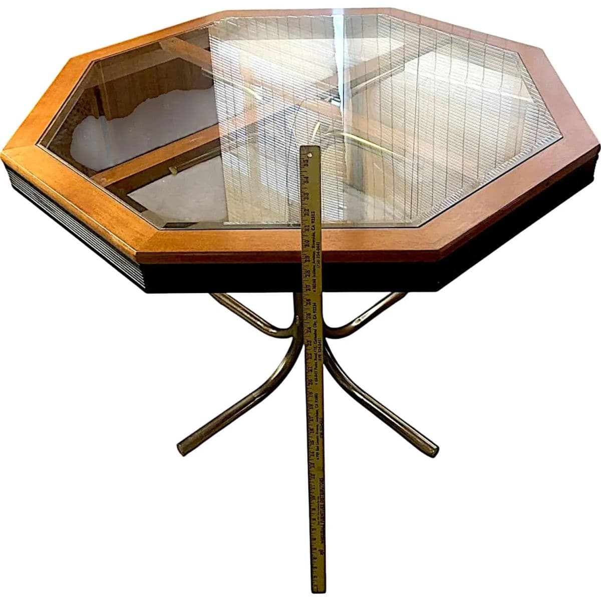 1980s Mid-Century Modernist Octagonal Glass & Wood Game / Dining Table With Brass Base - Thumbnail 7