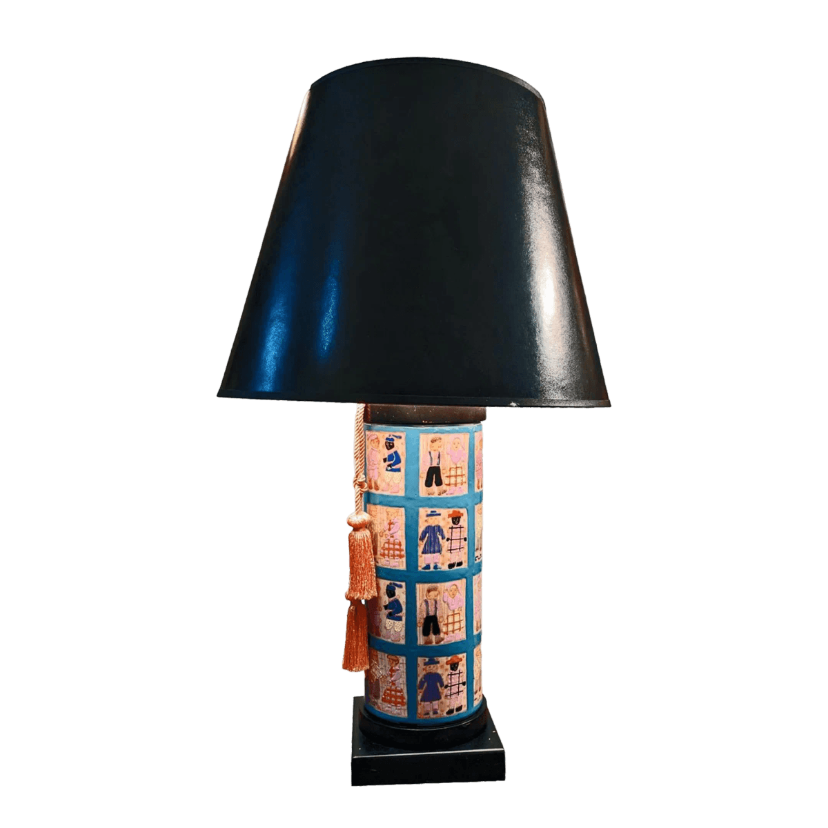 1960s Hand Painted Folk Art Quilt Inspired Table Lamp Unsigned With Edward Shade - Thumbnail 2