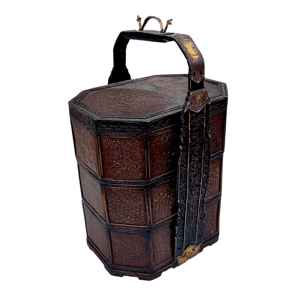 1950's 3 Tiered Octagonal Brass Handled Chinese Wedding Basket - Thumbnail 2