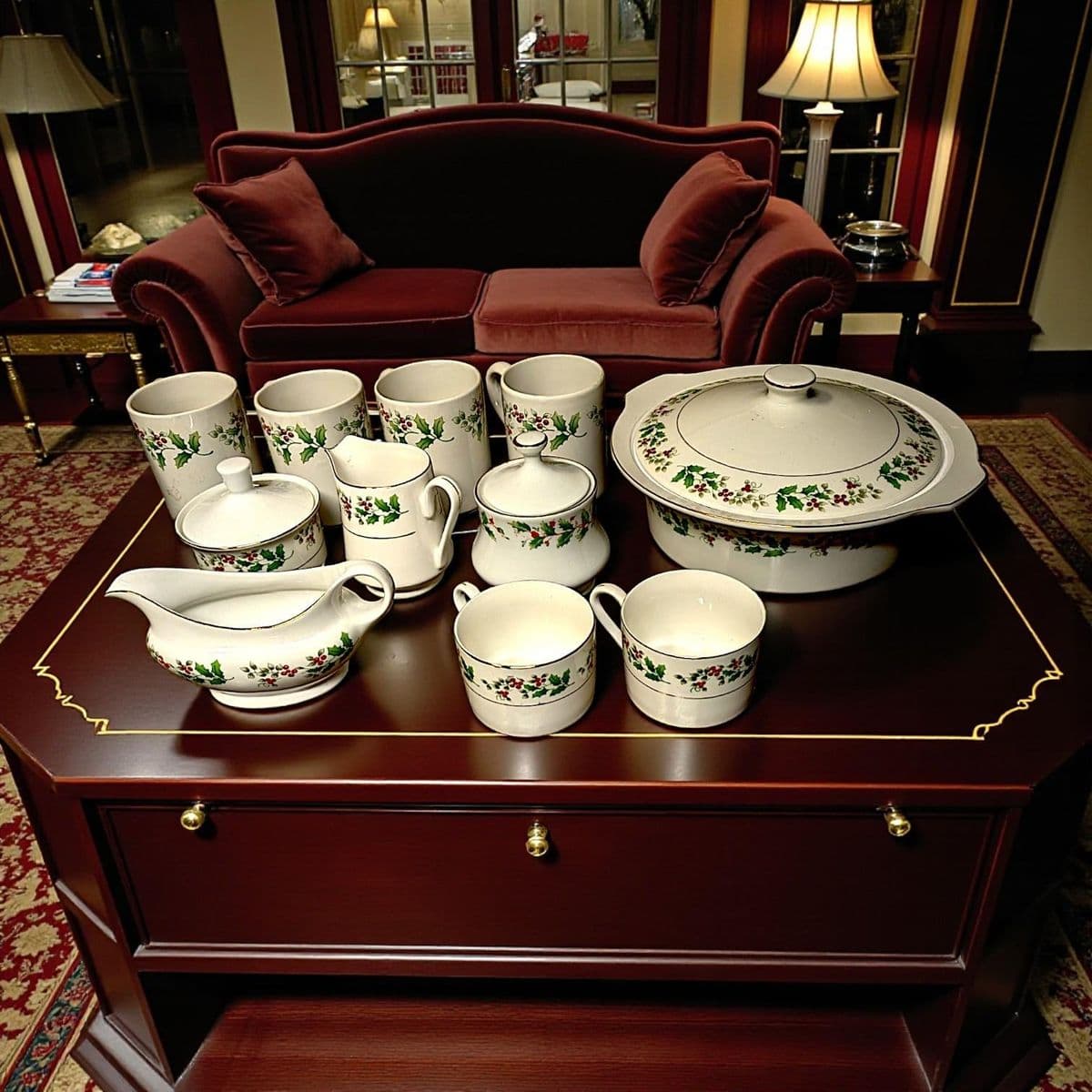 Late 20th Century Gibson Holiday Charm Holly Berry Dinnerware Place Setting for 4 - Set of 33 Pieces - Thumbnail 4