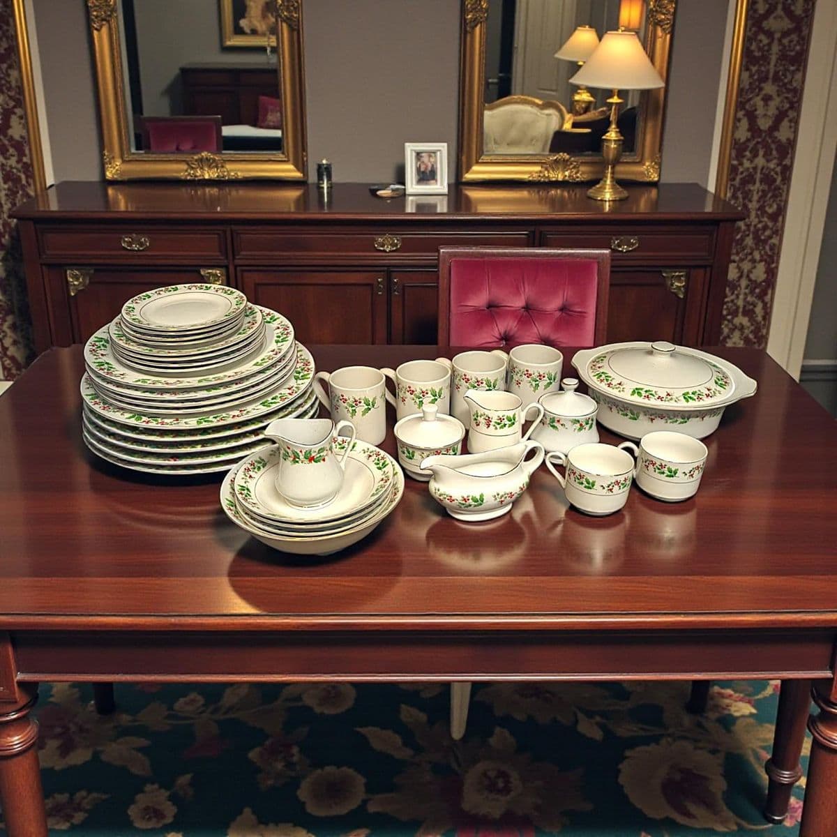 Late 20th Century Gibson Holiday Charm Holly Berry Dinnerware Place Setting for 4 - Set of 33 Pieces - Thumbnail 5