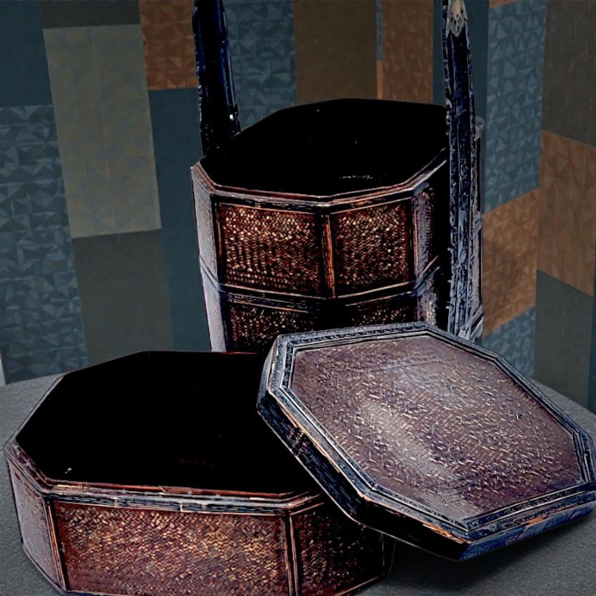 1950's 3 Tiered Octagonal Brass Handled Chinese Wedding Basket - Thumbnail 5