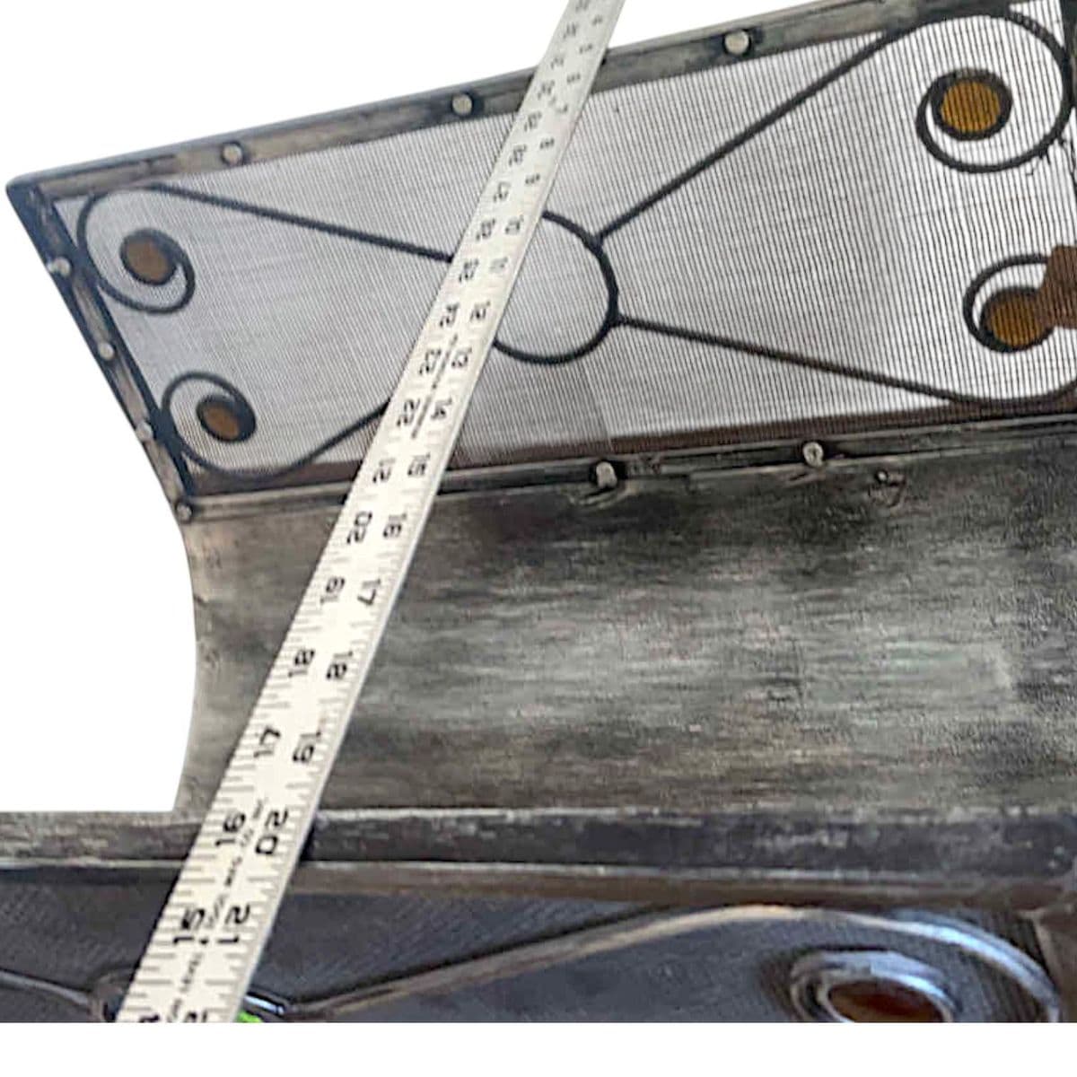 Art Deco Style Silver Toned Metal Mesh Firewood Holder Scrolling Metal Amber Glass Medallions - Thumbnail 6