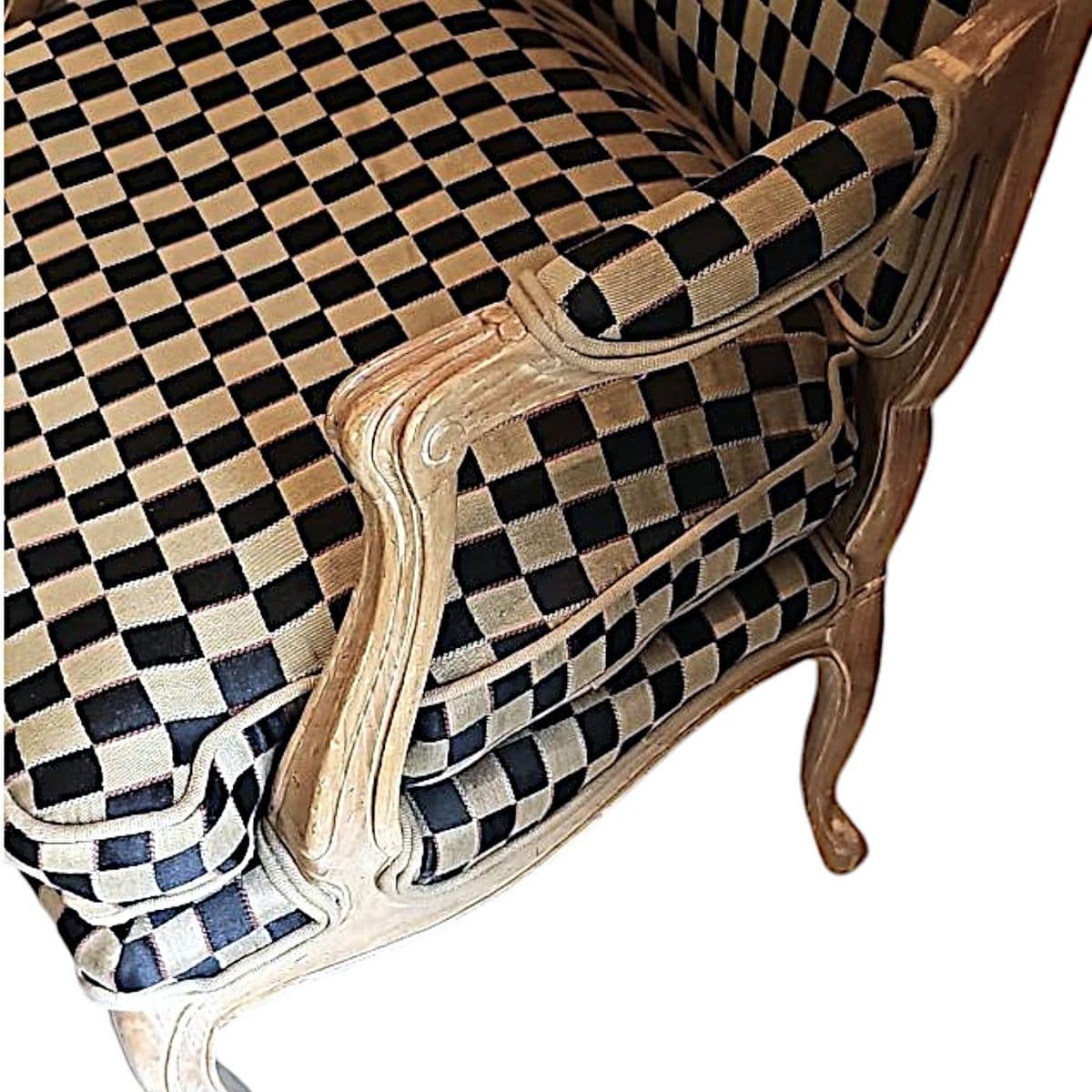 1960’s Polychromed Beechwood Louis XV Checker Upholstered Fauteuil - Thumbnail 7