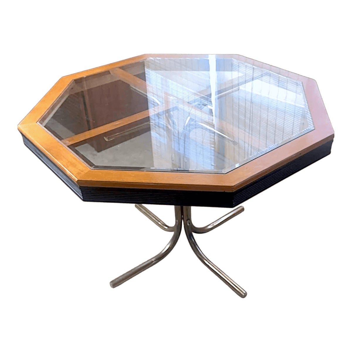 1980s Mid-Century Modernist Octagonal Glass & Wood Game / Dining Table With Brass Base - Thumbnail 2