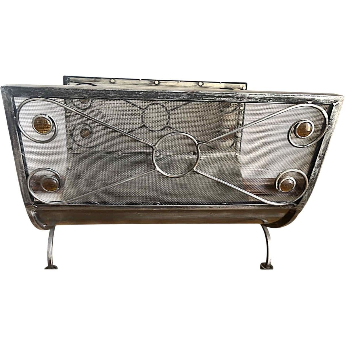 Art Deco Style Silver Toned Metal Mesh Firewood Holder Scrolling Metal Amber Glass Medallions - Thumbnail 10