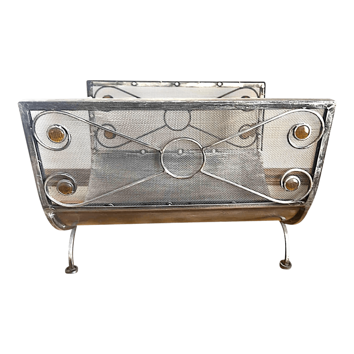 Art Deco Style Silver Toned Metal Mesh Firewood Holder Scrolling Metal Amber Glass Medallions - Thumbnail 2