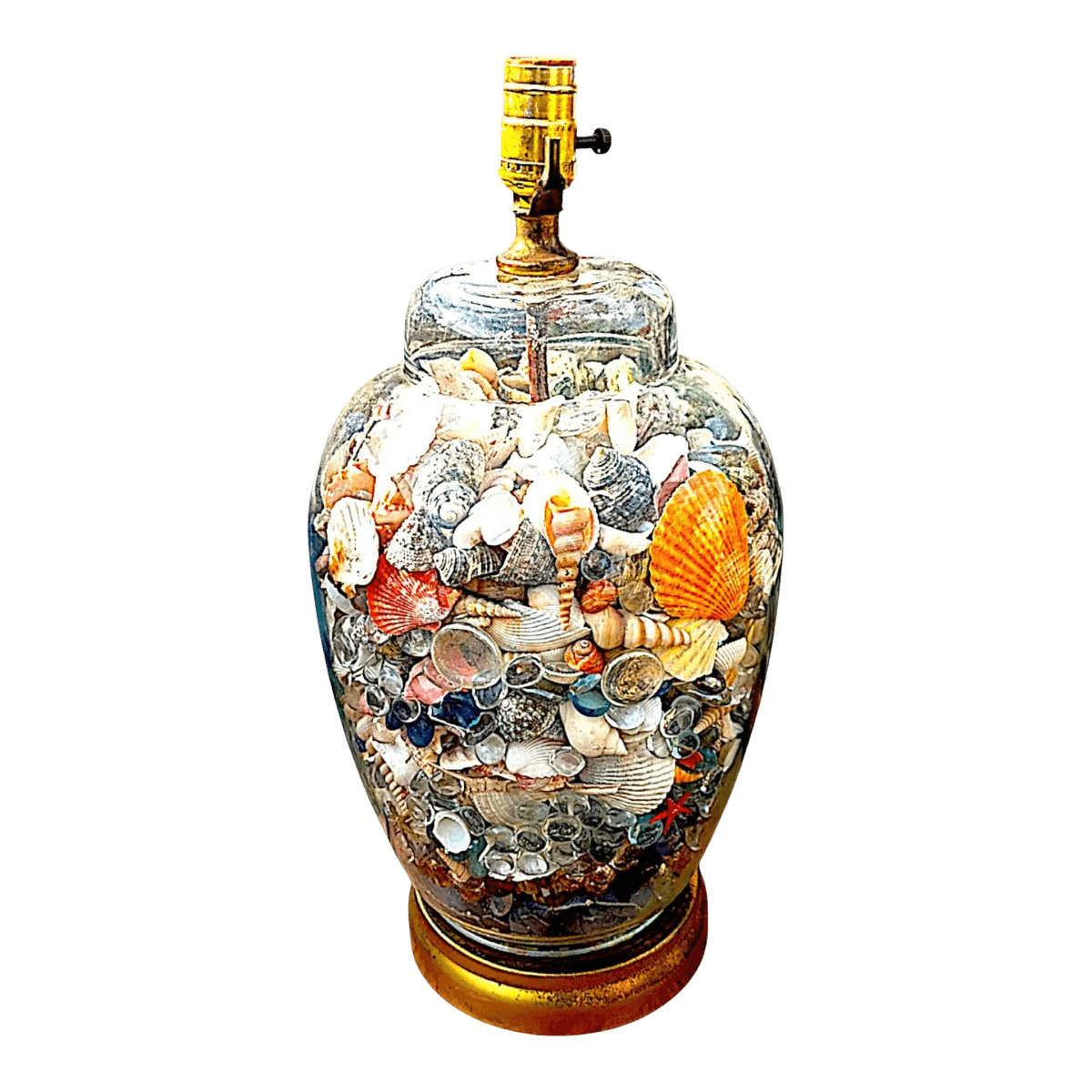 Colorful 1980s Mid-Century Modern Coastal Style Seashell Filled Glass Ginger Jar Table Lamp - Thumbnail 2