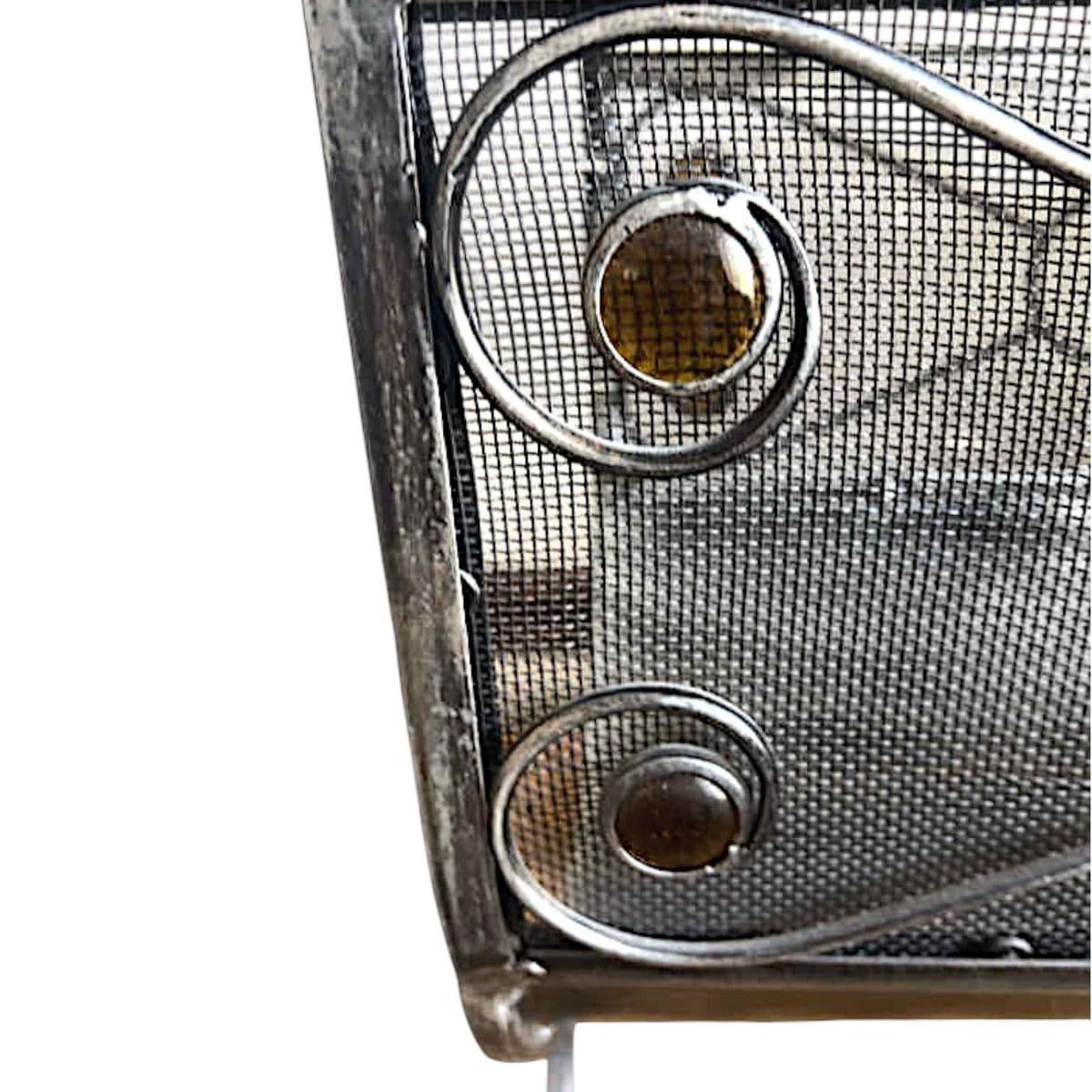 Art Deco Style Silver Toned Metal Mesh Firewood Holder Scrolling Metal Amber Glass Medallions - Thumbnail 4