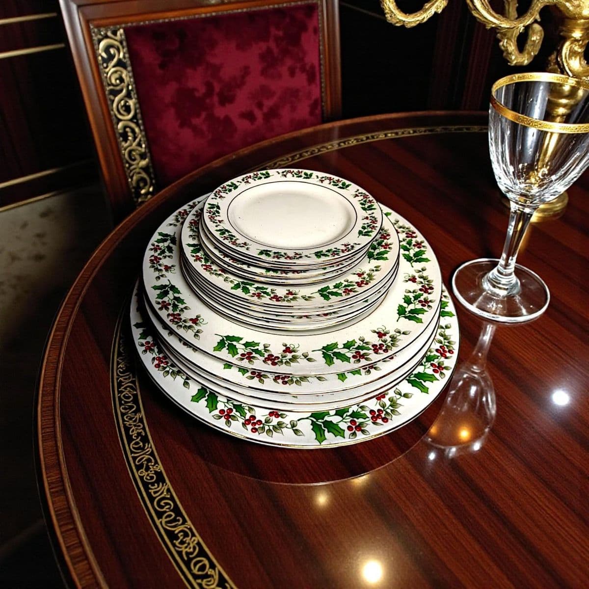 Late 20th Century Gibson Holiday Charm Holly Berry Dinnerware Place Setting for 4 - Set of 33 Pieces - Thumbnail 10