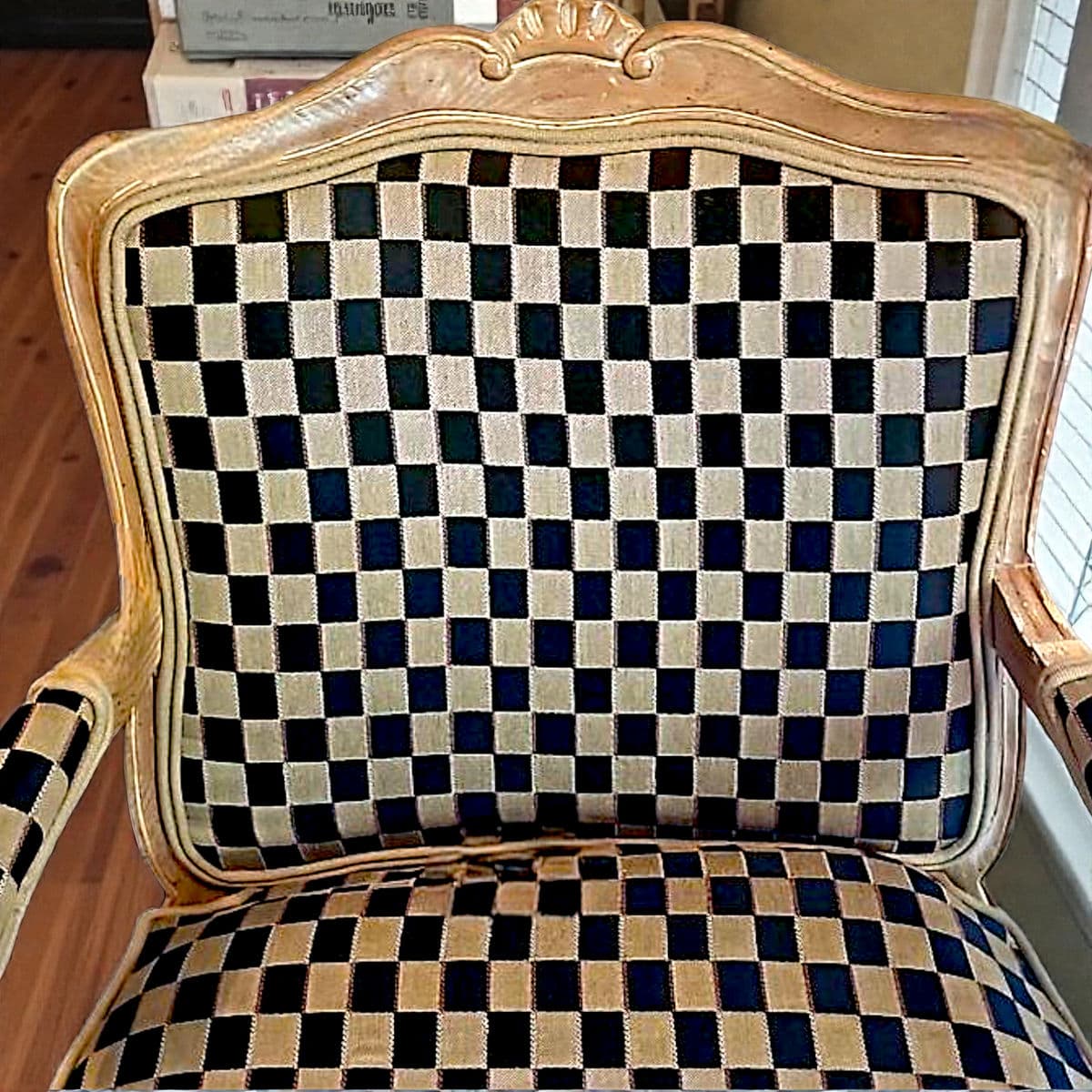 1960’s Polychromed Beechwood Louis XV Checker Upholstered Fauteuil - Thumbnail 10